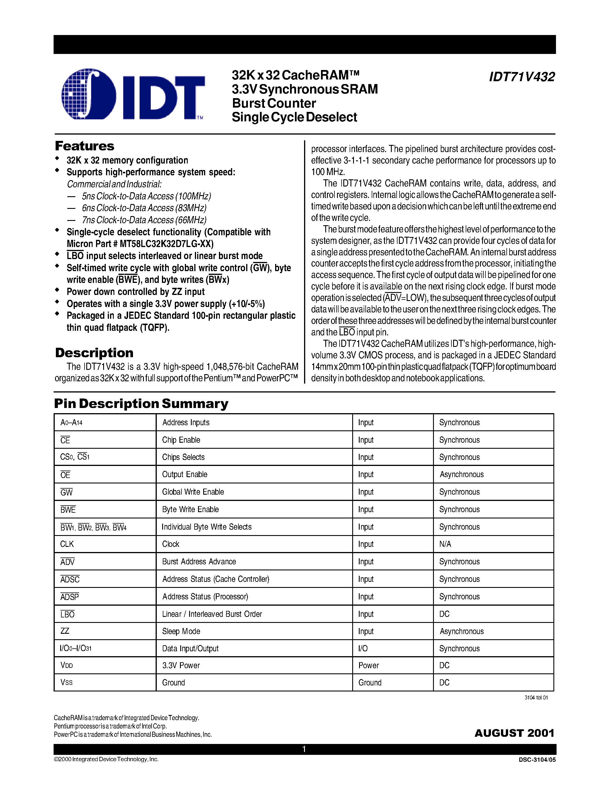 Datasheet IDT71V432 - 32K x 32 CacheRAM 3.3V Synchronous SRAM Burst Counter Single Cycle Deselect page 1