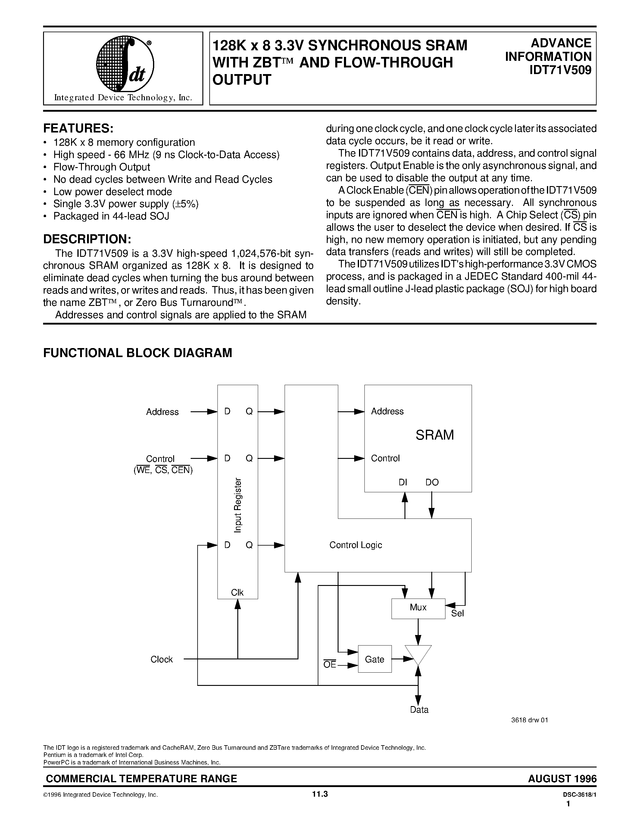Datasheet IDT71V509S50Y - 128K x 8 3.3V SYNCHRONOUS SRAM WITH ZBTO AND FLOW-THROUGH OUTPUT page 1