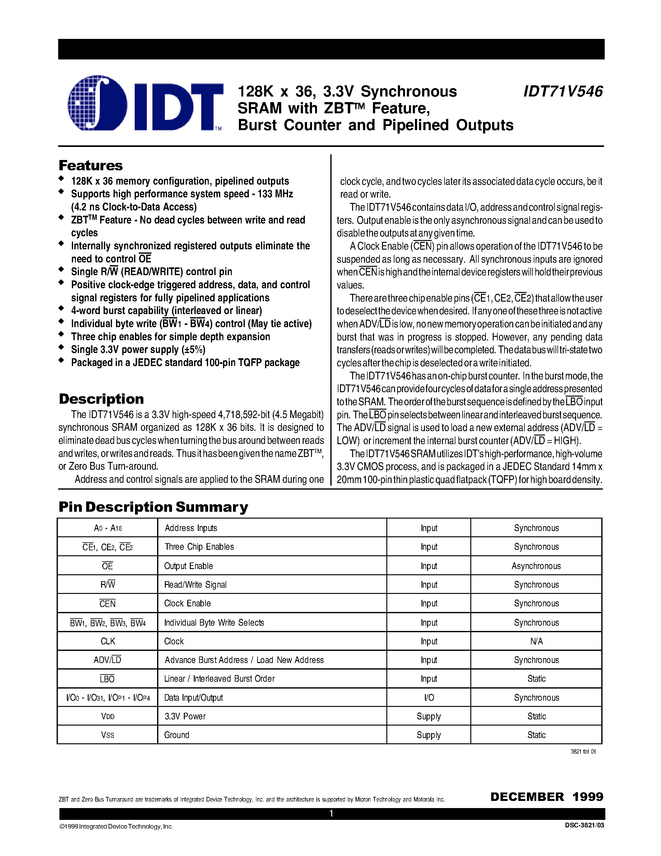 Datasheet IDT71V546S117PF - 128K x 36/ 3.3V Synchronous SRAM with ZBT Feature/ Burst Counter and Pipelined Outputs page 1