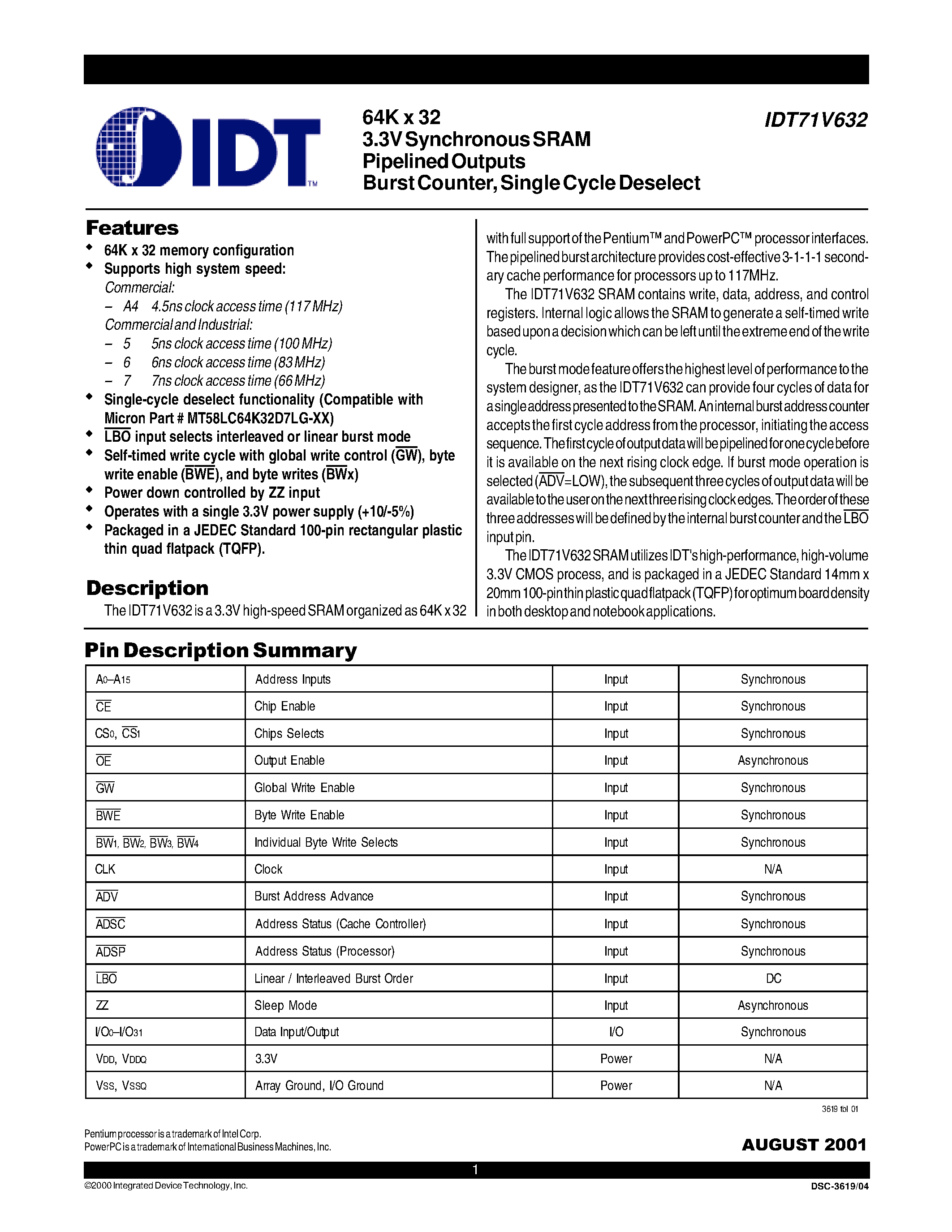 Datasheet IDT71V632S7PFI - 64K x 32 3.3V Synchronous SRAM Pipelined Outputs Burst Counter/ Single Cycle Deselect page 1