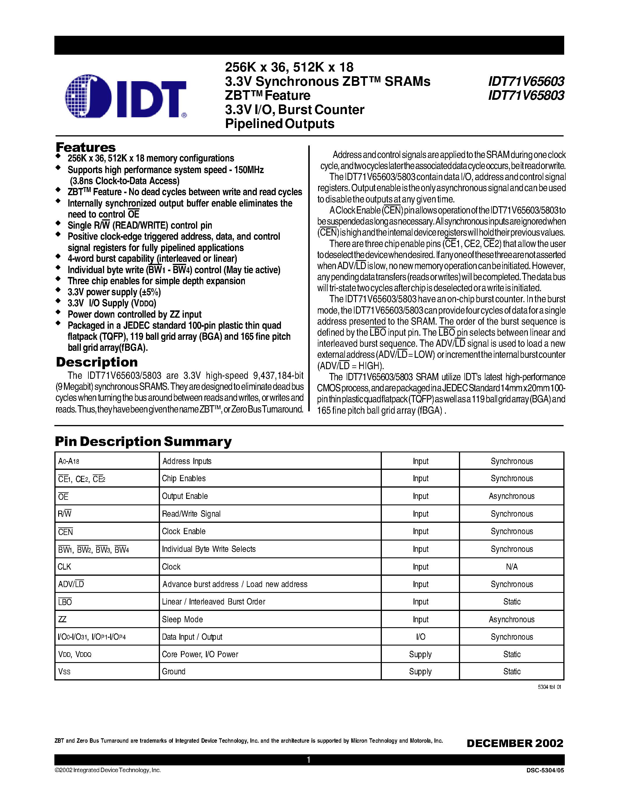 Datasheet IDT71V65803S100PFI - 256K x 36/ 512K x 18 3.3V Synchronous ZBT SRAMs page 1