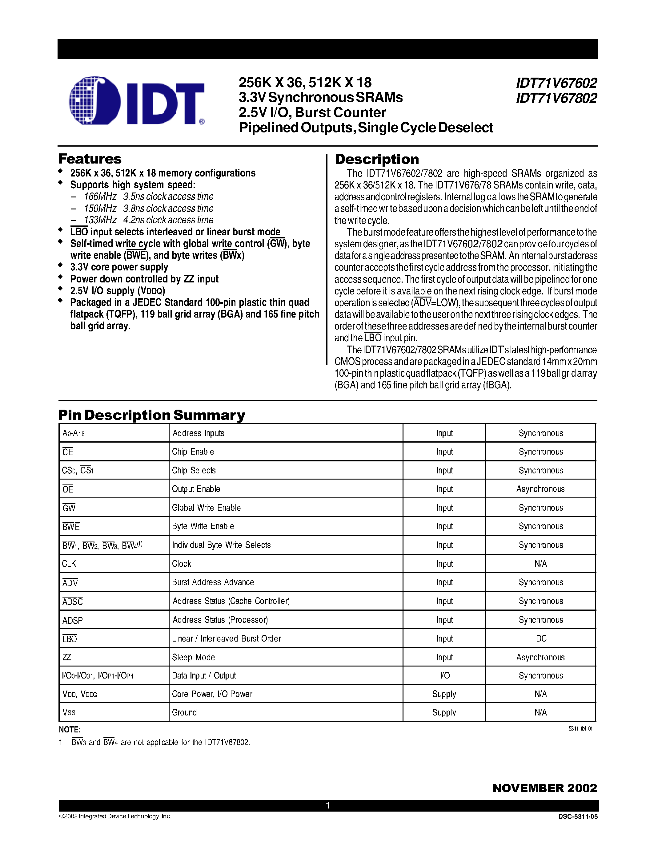 Даташит IDT71V67602150BQI - 256K X 36/ 512K X 18 3.3V Synchronous SRAMs 2.5V I/O/ Burst Counter Pipelined Outputs/ Single Cycle Deselect страница 1