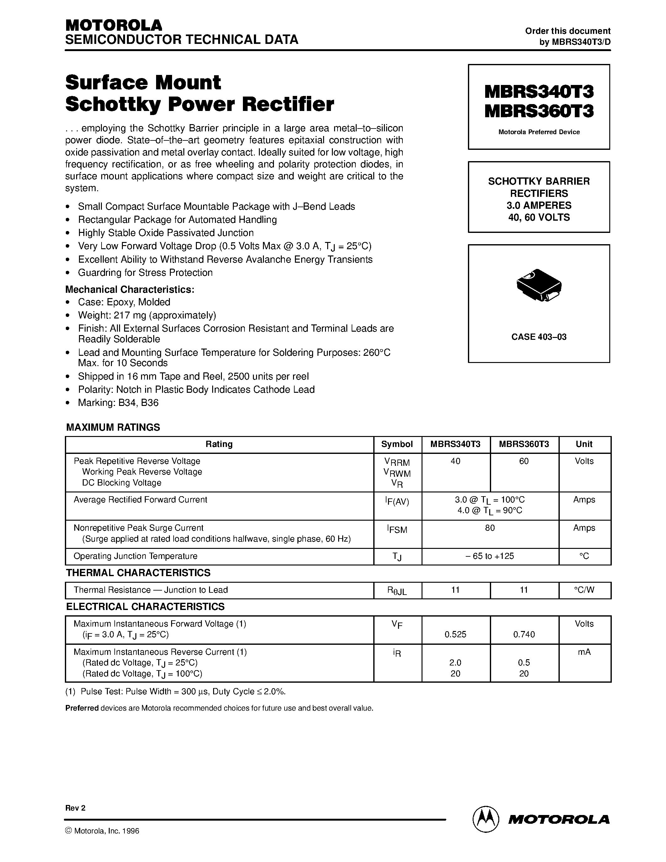 Даташит MBR360 - Surface Mount Schottky Power Rectifier страница 1