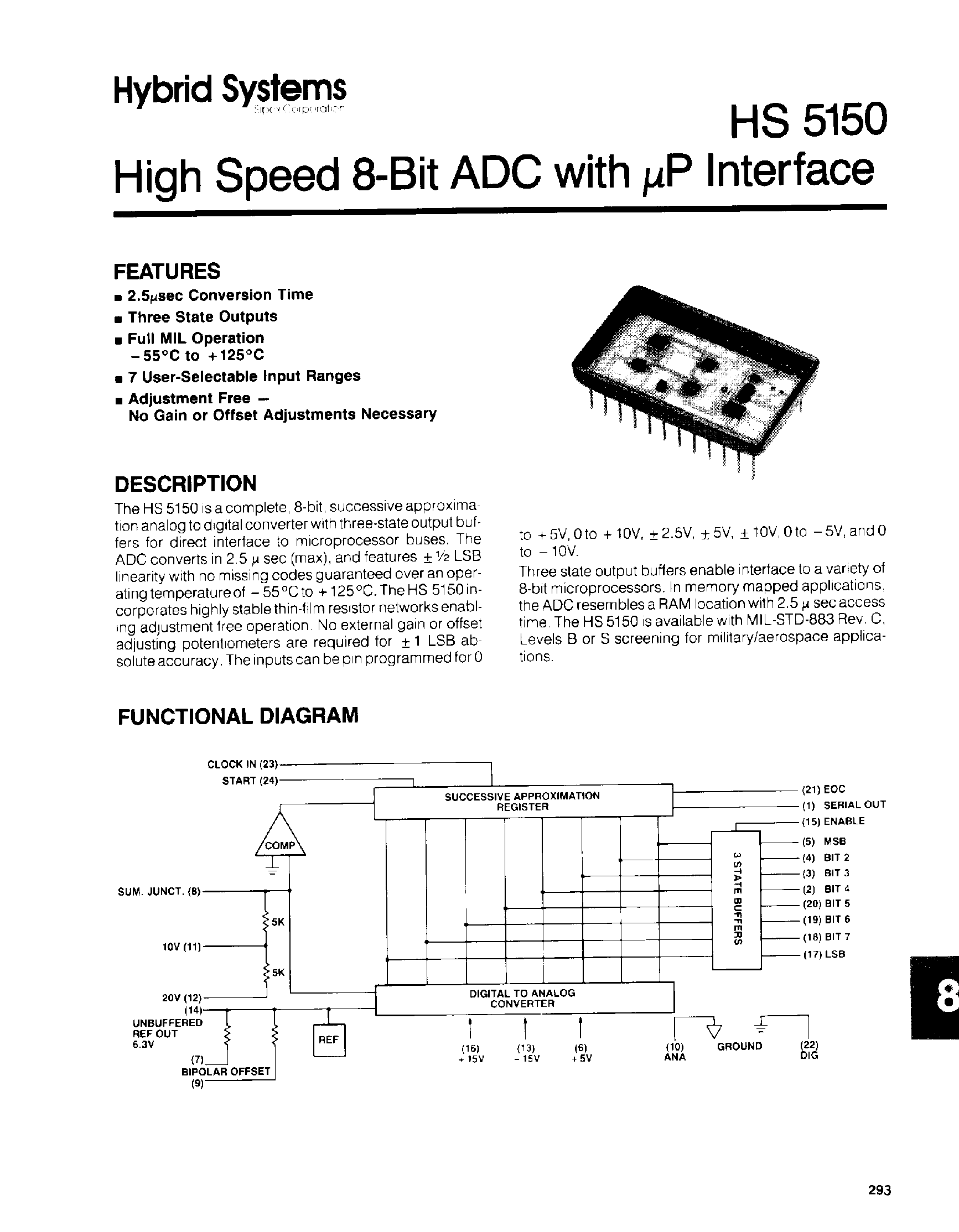 Datasheet HS5150 - High Speed 8-Bit ADC with uP Interface page 1