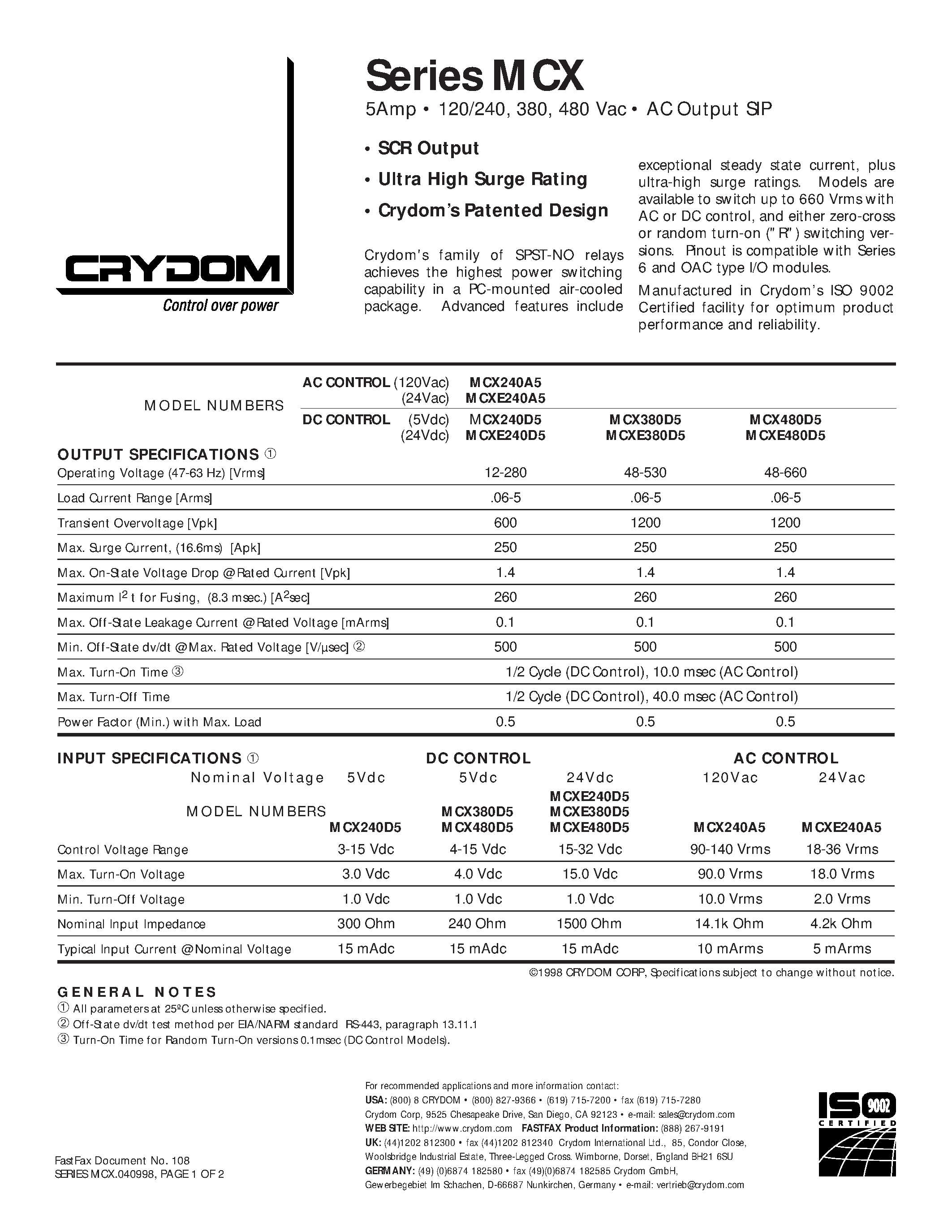Datasheet MCX380D page 1 Datasheet MCX380D - Relay - Solid-State Relay page 1
