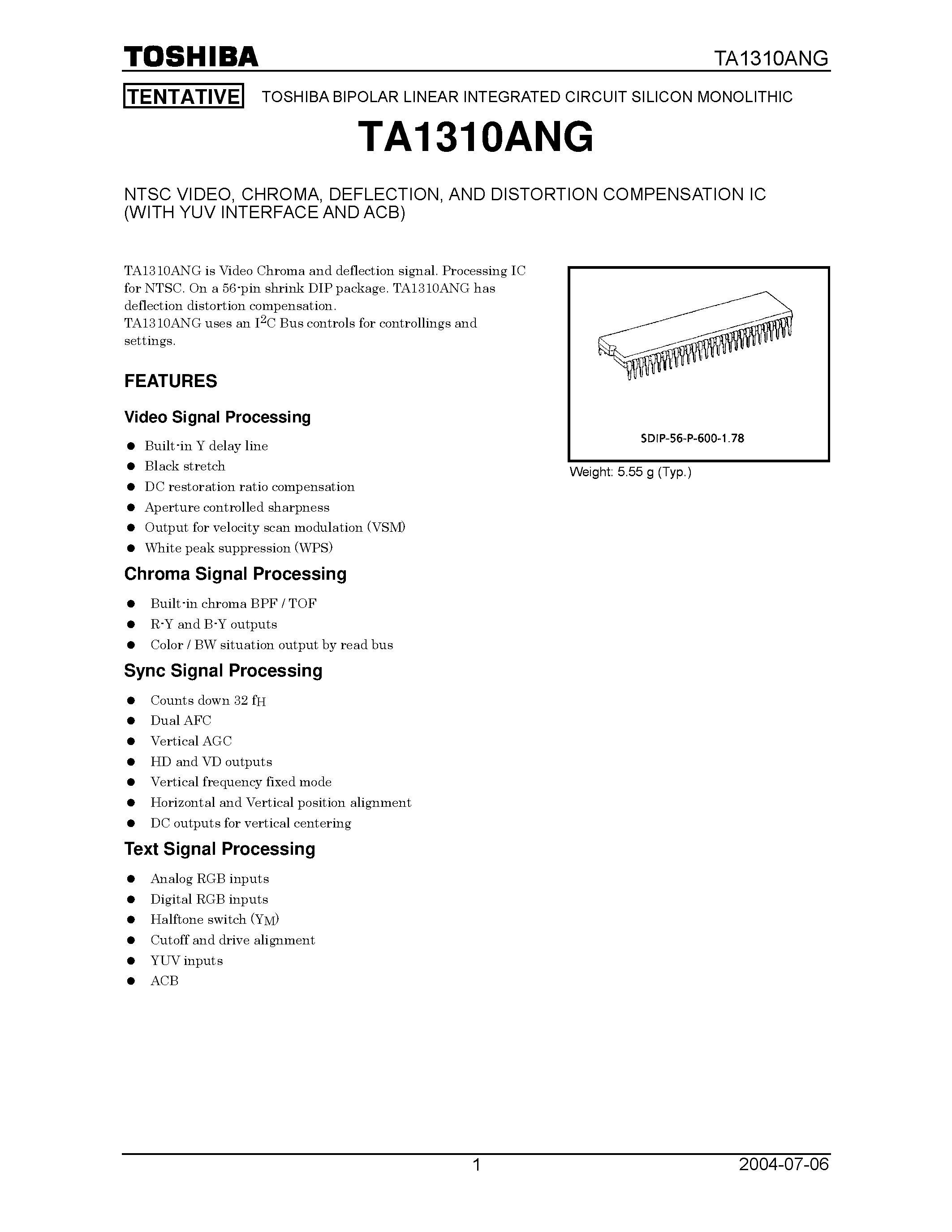 Datasheet TA1310ANG - NTSC Video / Chroma / Deflection and Distorition Compensation IC page 1