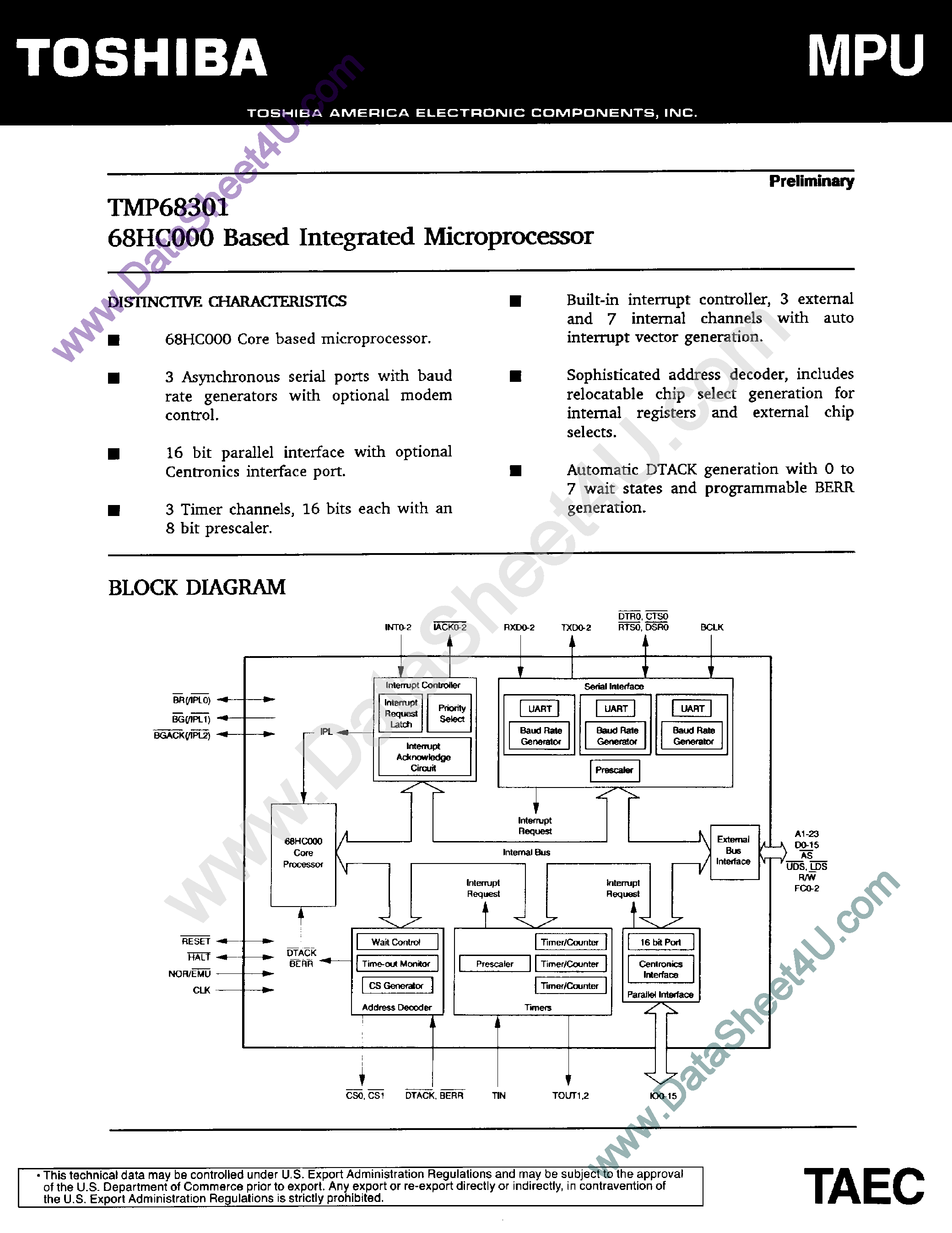 Даташит TMP68301 - 68HC000 Based Integrated Microprocessor страница 1