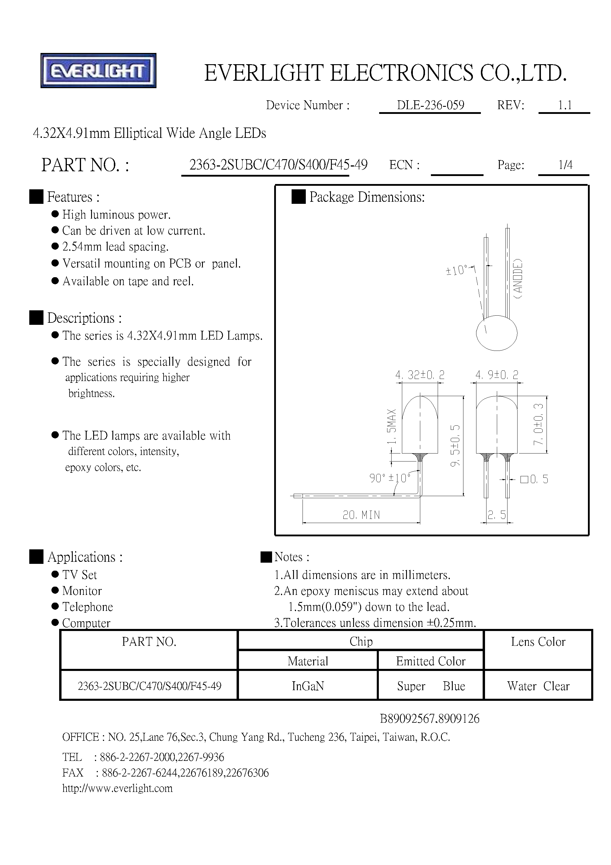 Datasheet 2363 - 4.32 x 4.91 mm Elliptical Wide Angle LEDs page 1