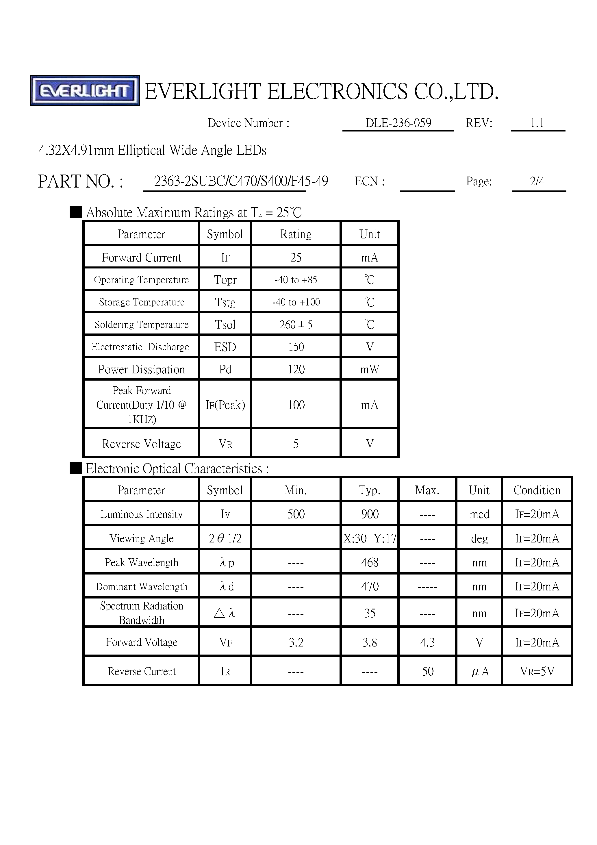 Datasheet 2363 - 4.32 x 4.91 mm Elliptical Wide Angle LEDs page 2