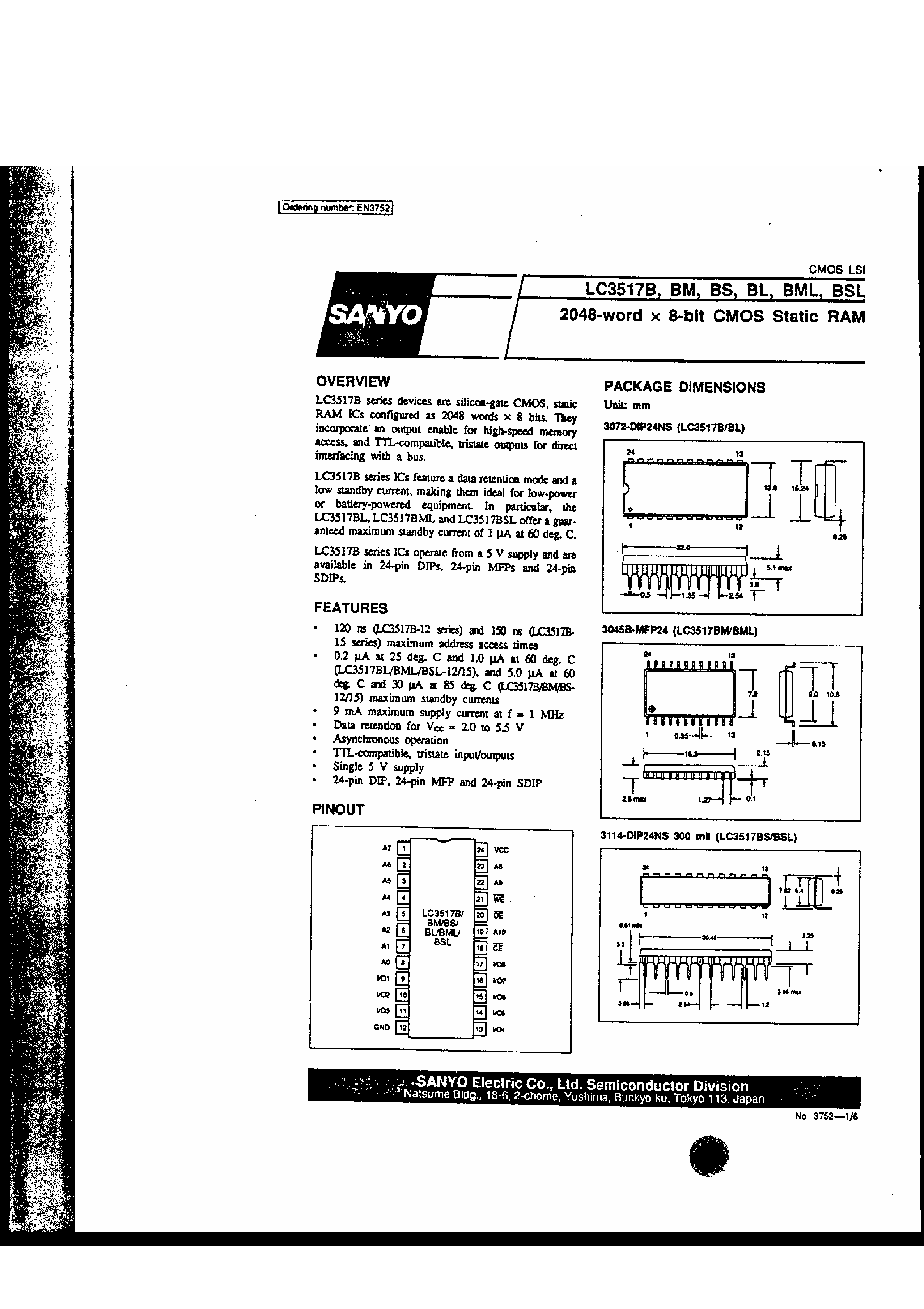 Даташит LC3517B - 2048-word x 8 bit CMOS Static RAM страница 1