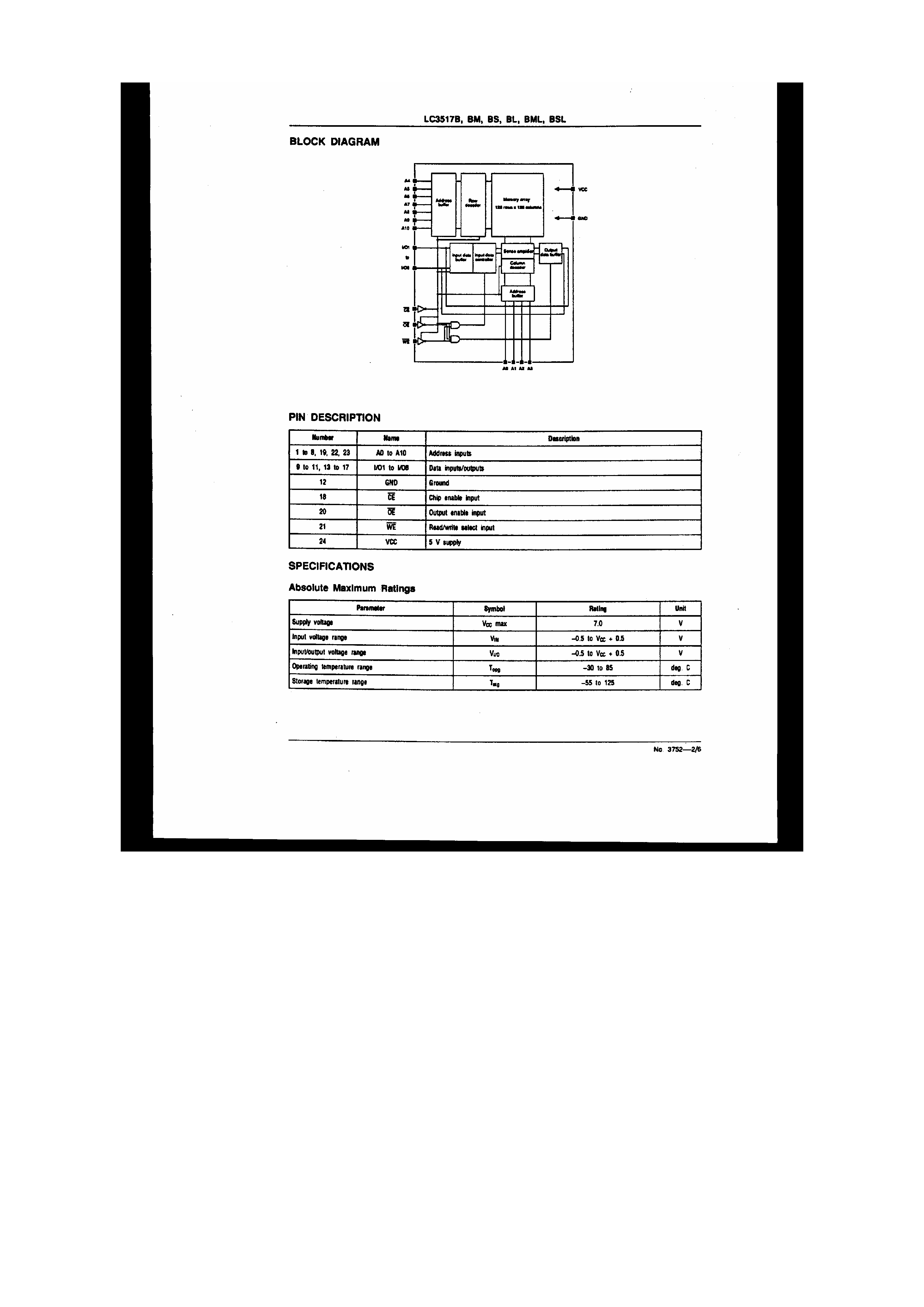 Даташит LC3517B - 2048-word x 8 bit CMOS Static RAM страница 2