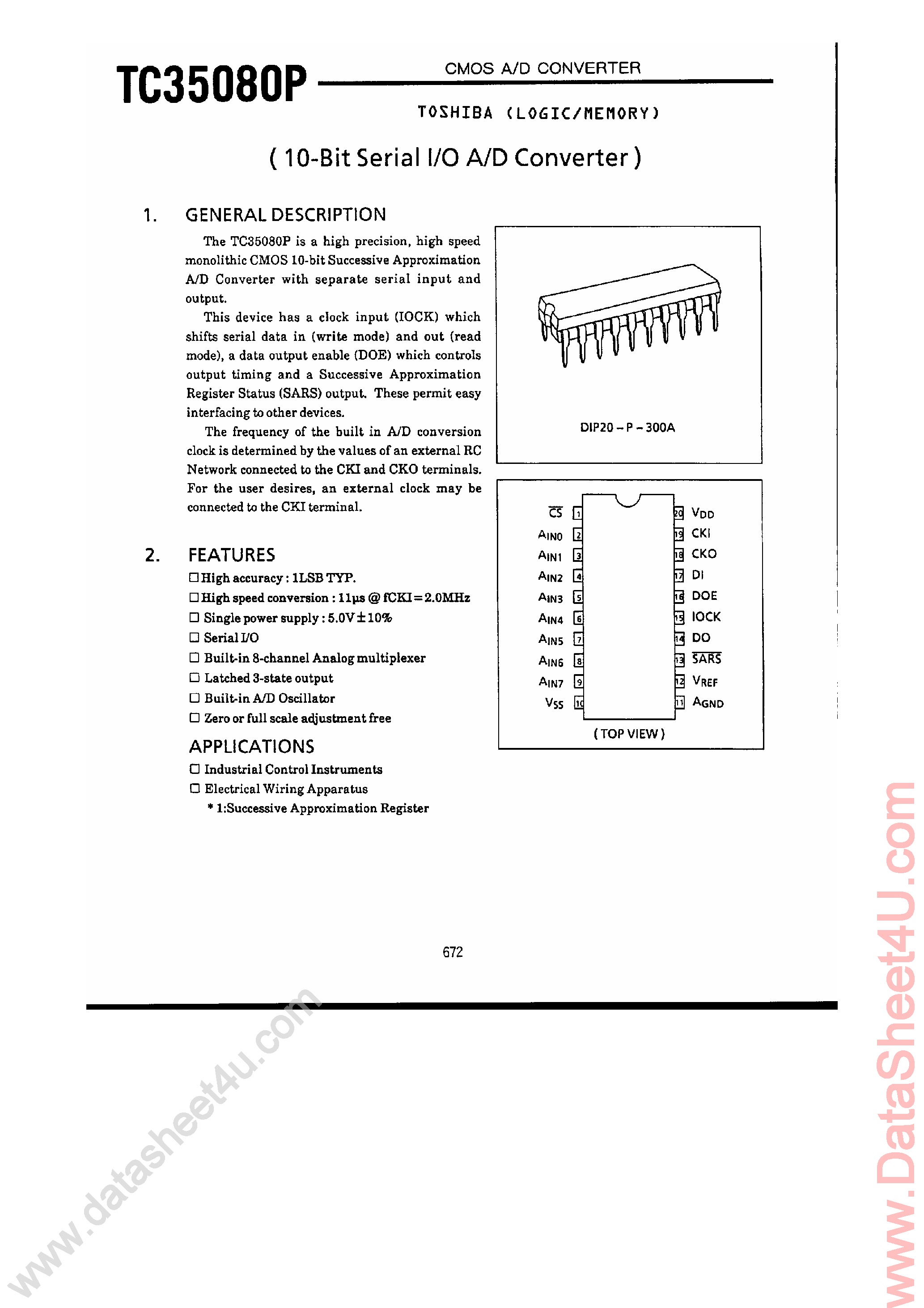 Datasheet TC35080P page 1 Datasheet TC35080P - CMOS A/D Converter page 1