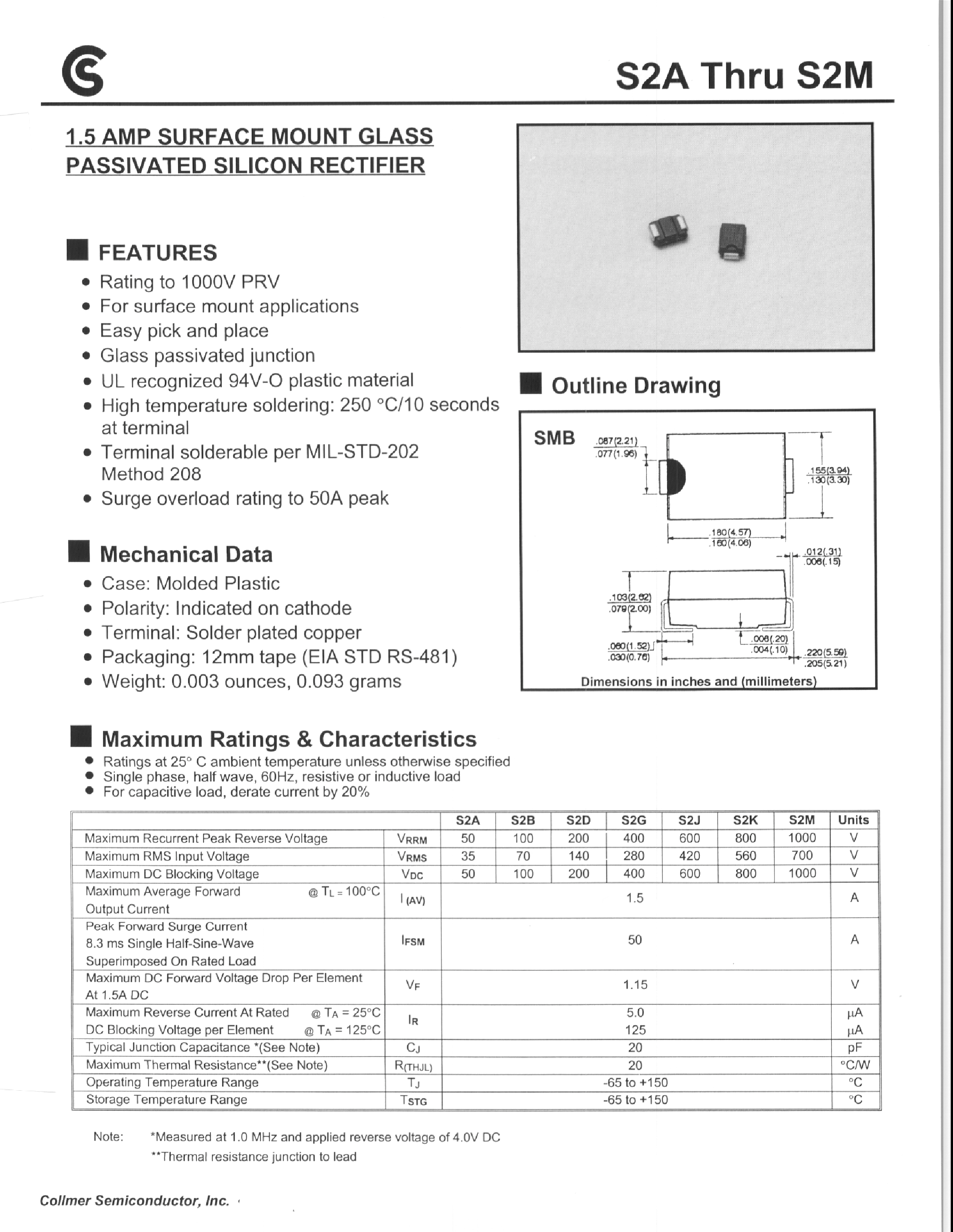 Datasheet S2B - 1.5AMP SURFACE MOUNT GLASS PASSIVATED SILICON RECTIFIER page 1