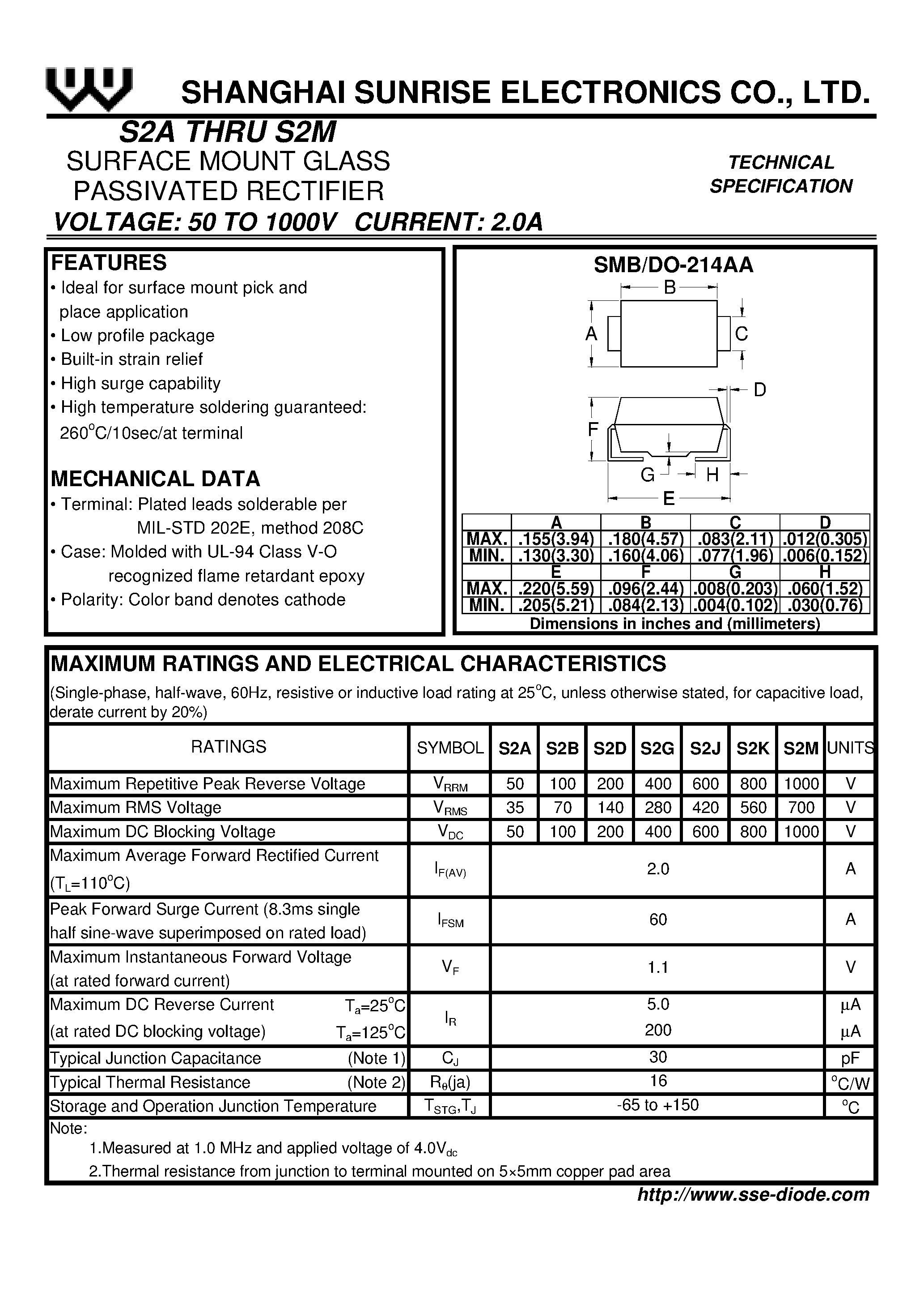 Datasheet S2J page 1 Datasheet S2J - SURFACE MOUNT GLASS PASSIVATED RECTIFIER page 1