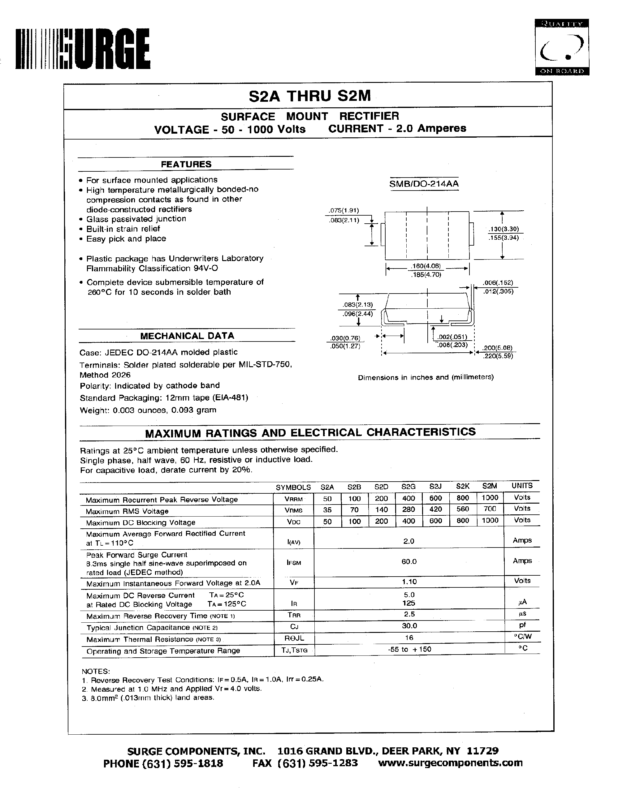 Datasheet S2K page 1 Datasheet S2K - SURFACE MOUNT RECTIFIER VOLTAGE - 50 TO 1000 Volts CURRENT - 2.0 Ampere page 1