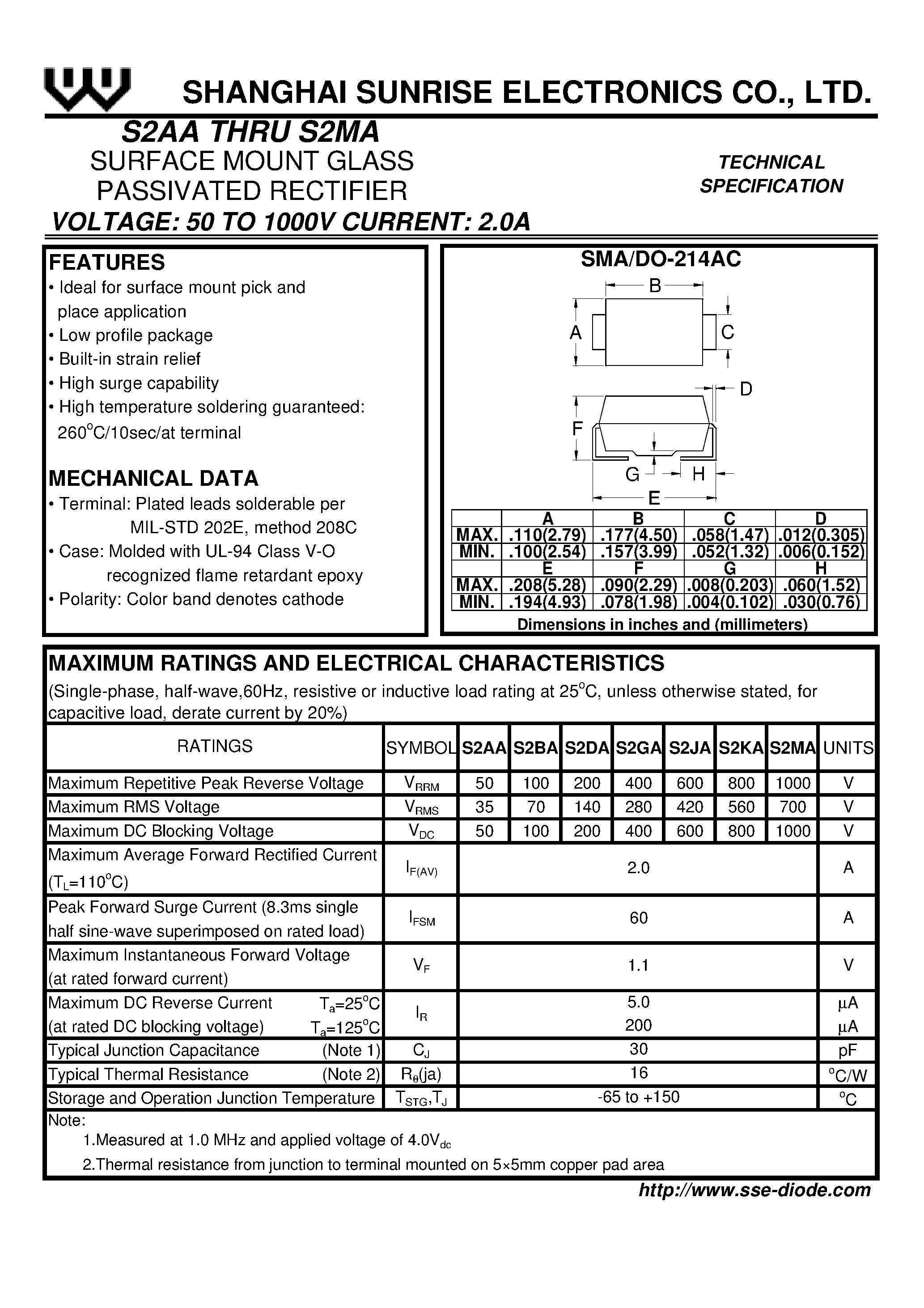 Datasheet S2KA page 1 Datasheet S2KA - SURFACE MOUNT GLASS PASSIVATED RECTIFIER page 1