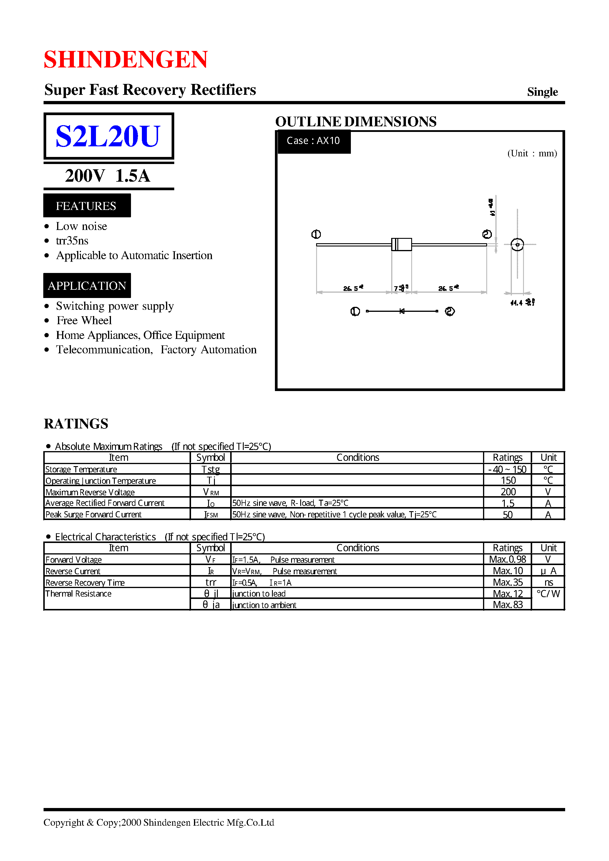 Datasheet S2L20U - Super Fast Recovery Rectifiers(200V 1.5A) page 1