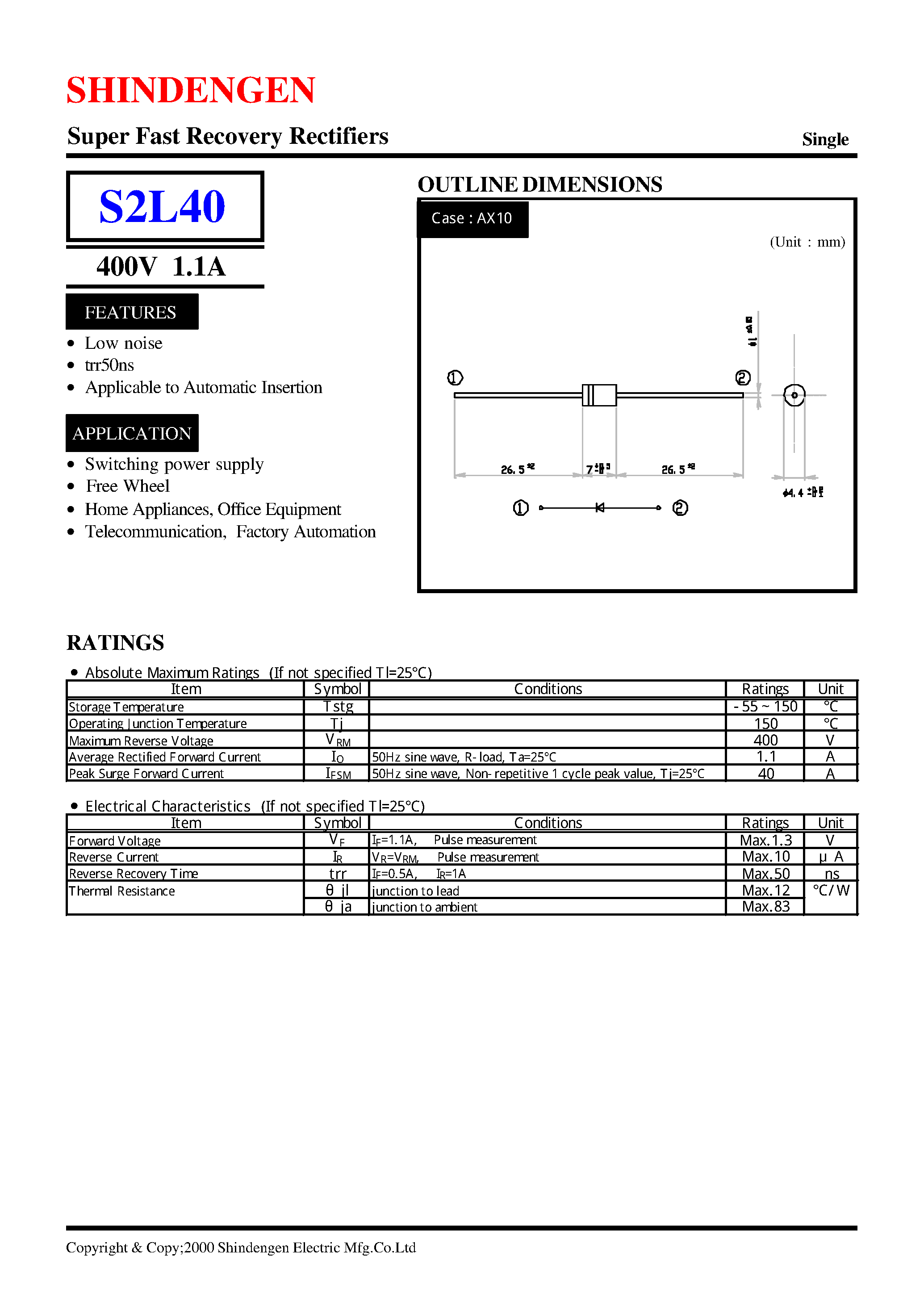 Datasheet S2L40 - Super Fast Recovery Rectifiers(400V 1.1A) page 1