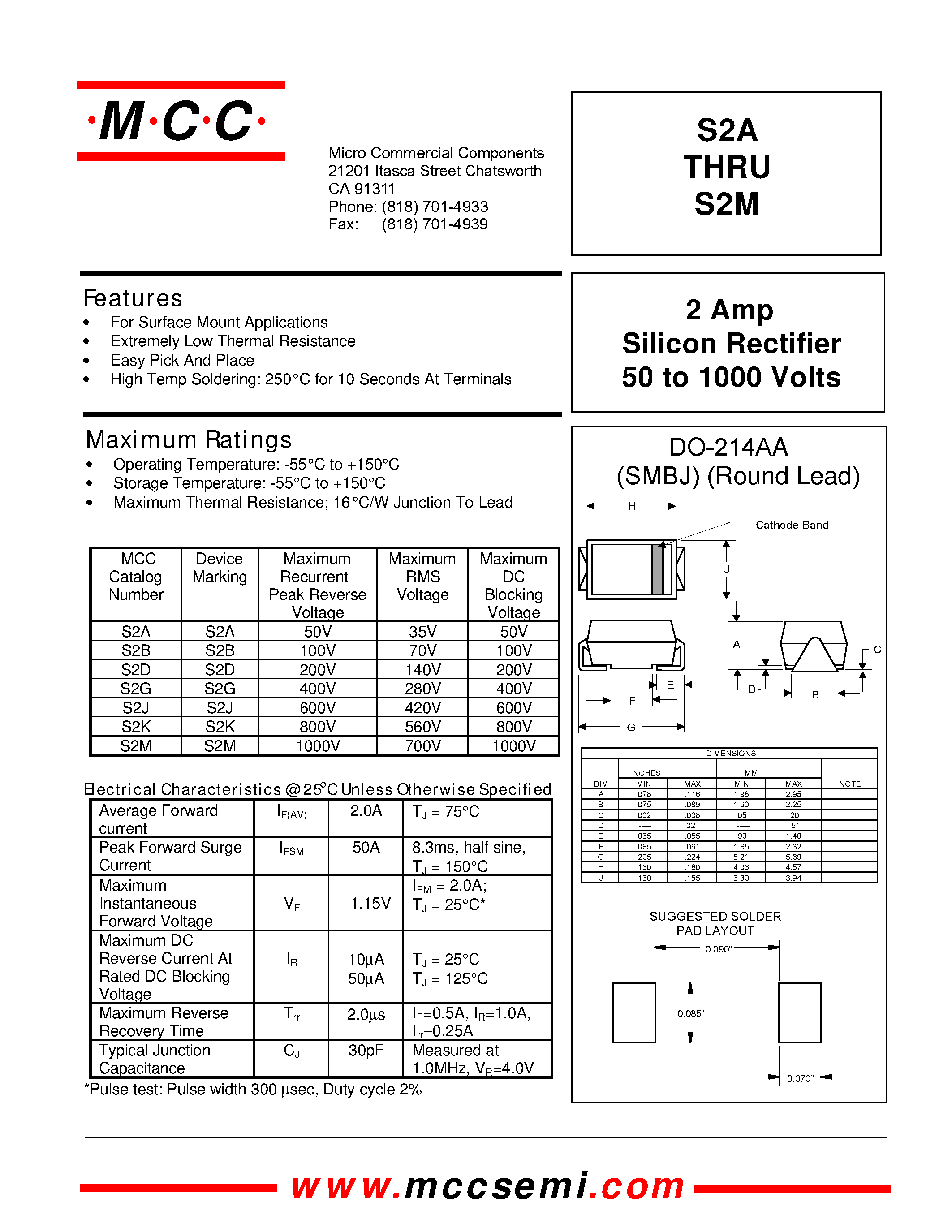Datasheet S2M - 2 Amp Silicon Rectifier 50 to 1000 Volts page 1