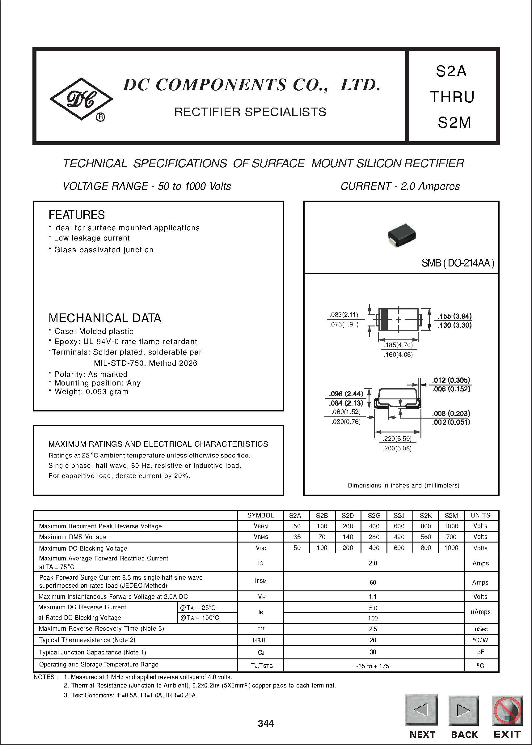 Datasheet S2M page 1 Datasheet S2M - TECHNICAL SPECIFICATIONS OF SURFACE MOUNT SILICON RECTIFIER page 1