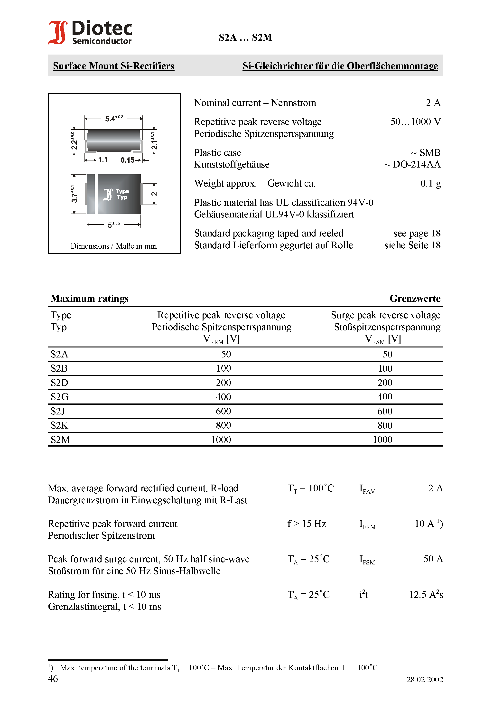 Datasheet S2M page 1 Datasheet S2M - Surface Mount Si-Rectifiers page 1
