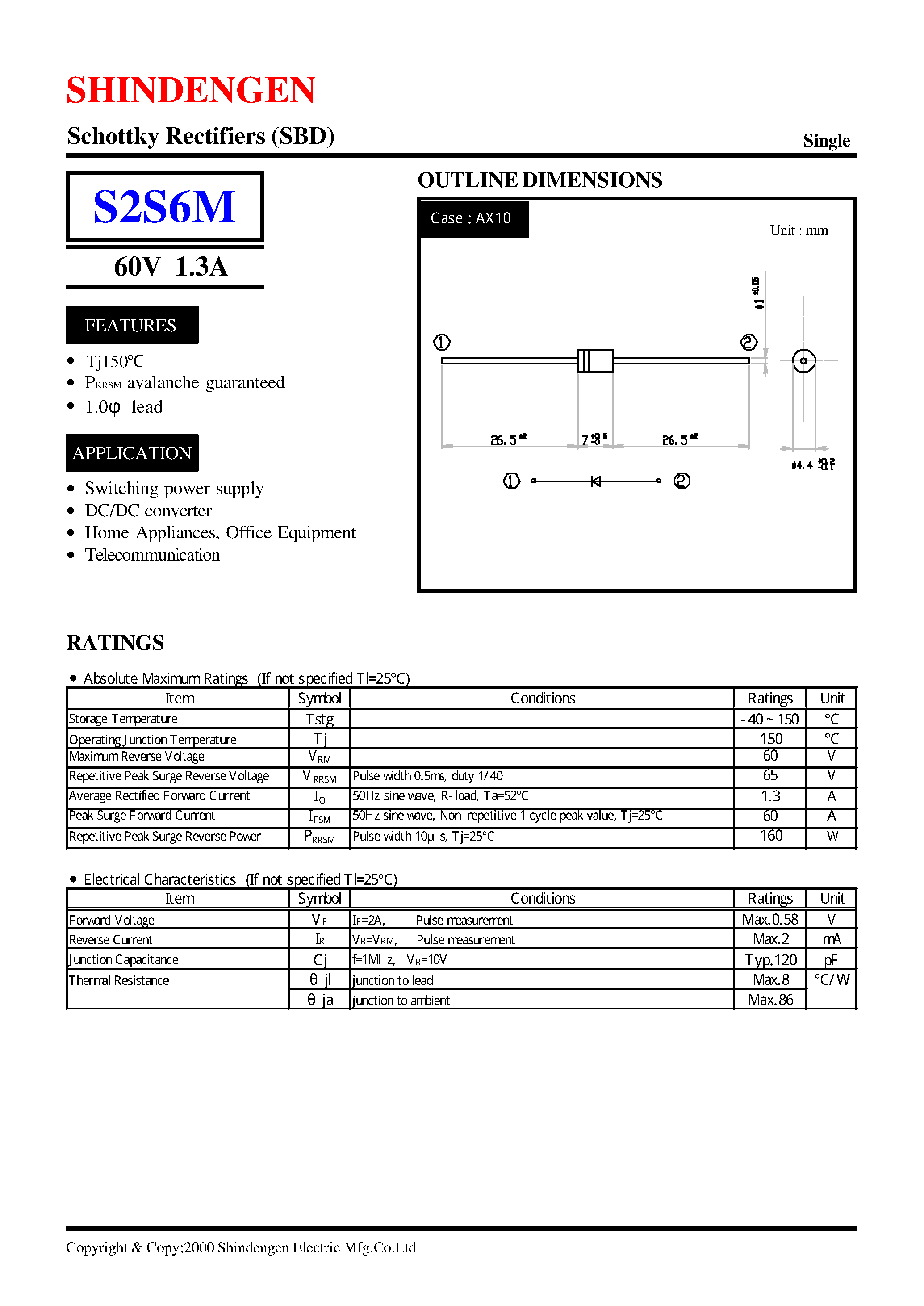 Datasheet S2S6M - Schottky Rectifiers (SBD) (60V 1.3A) page 1