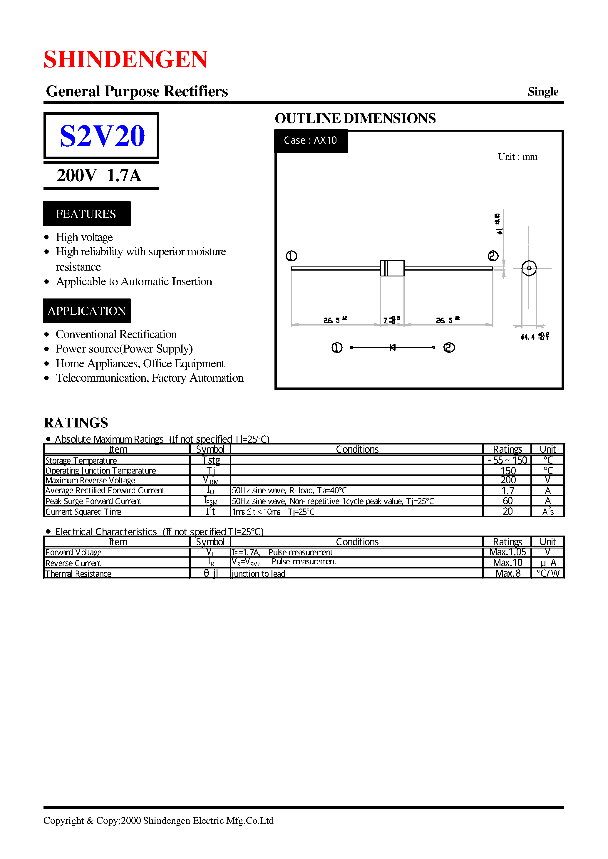 Datasheet S2V20 - General Purpose Rectifiers(200V 1.7A) page 1