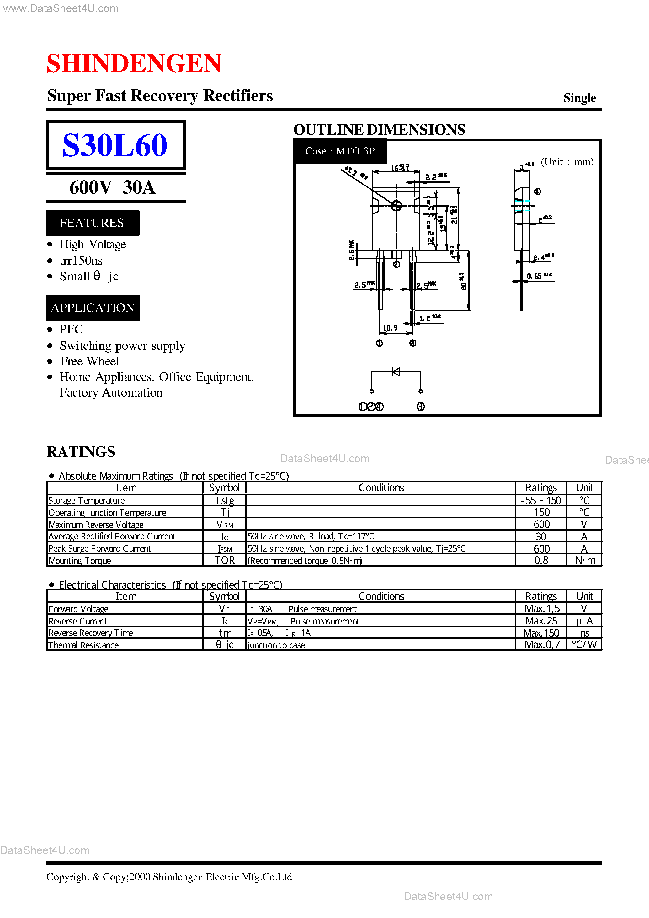 Datasheet S30L60 - Super Fast Recovery Rectifiers(600V 30A) page 1
