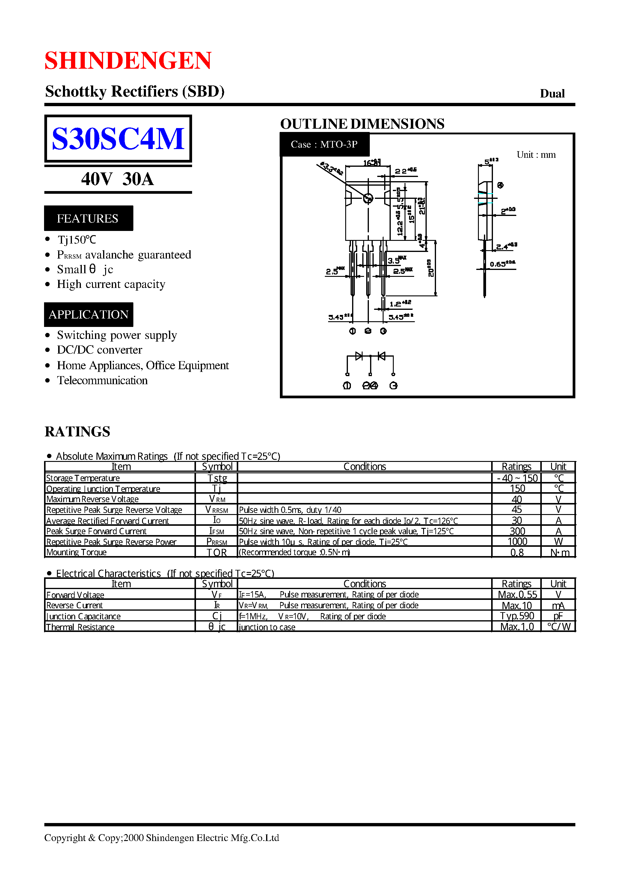 Datasheet S30SC4M - Schottky Rectifiers (SBD) (40V 30A) page 1