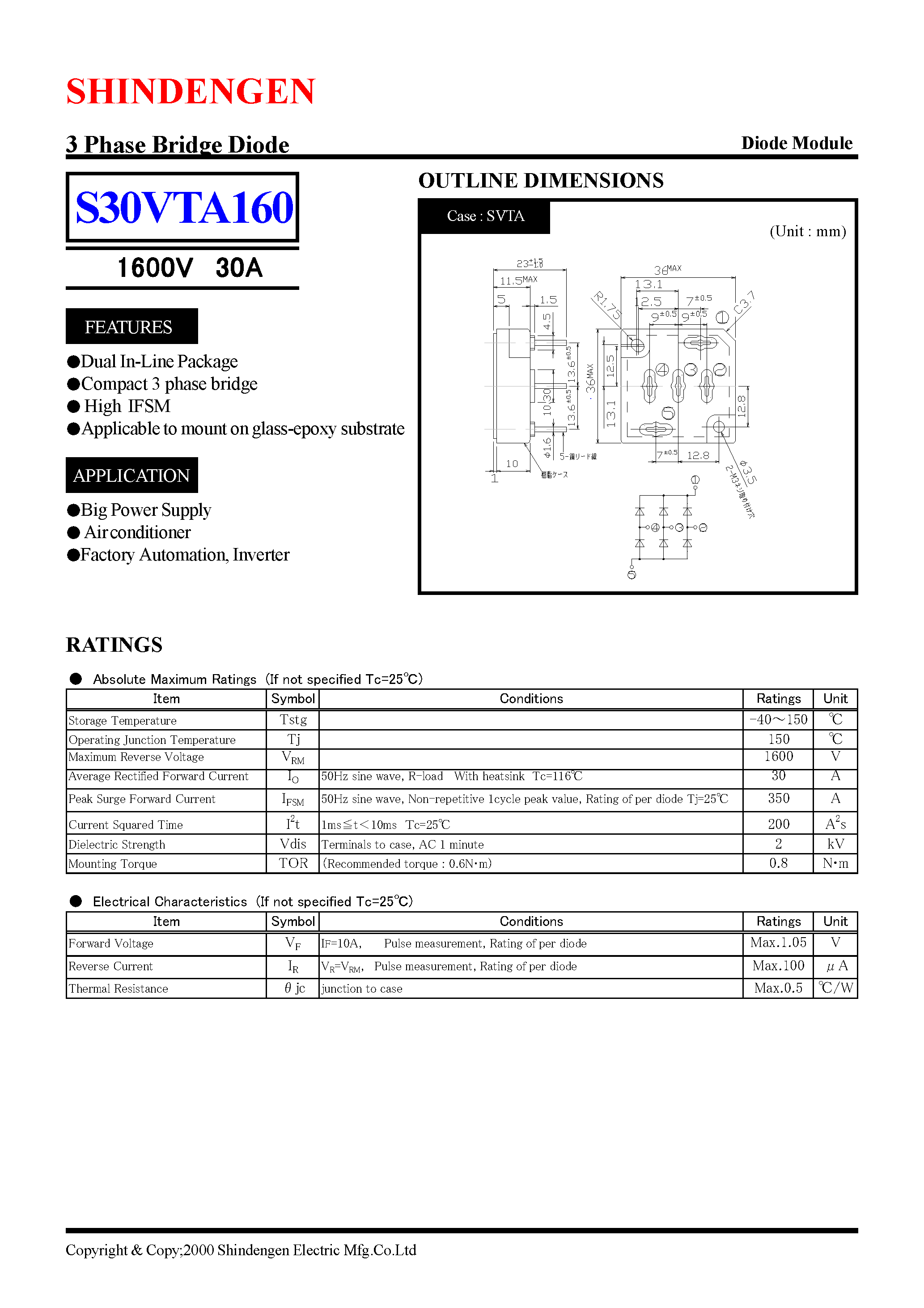 Datasheet S30VTA160 - 3 Phase Bridge Diode(1600V 30A) page 1