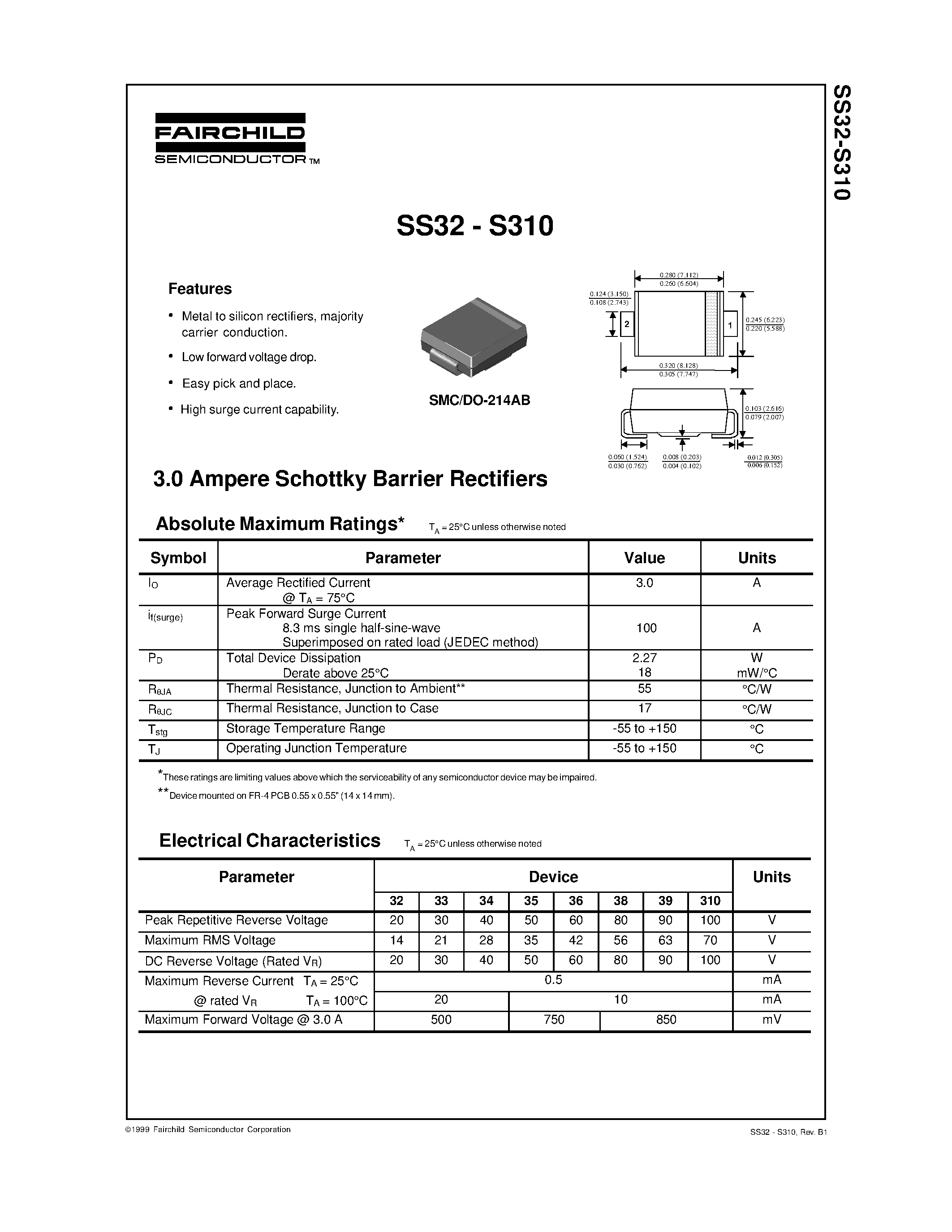 Datasheet S310 - 3.0 Ampere Schottky Barrier Rectifiers page 1