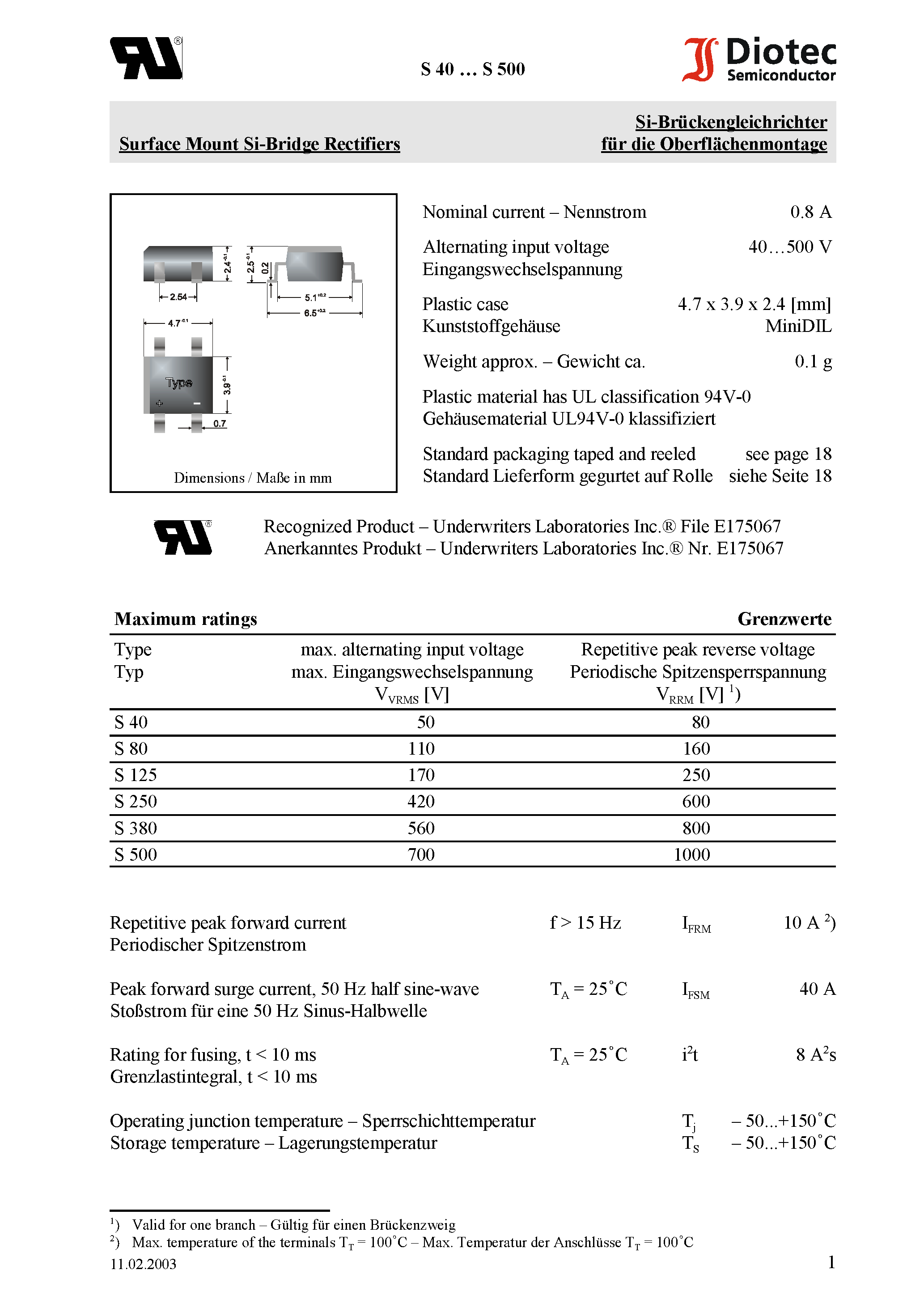 Datasheet S380 - Surface Mount Si-Bridge Rectifiers page 1