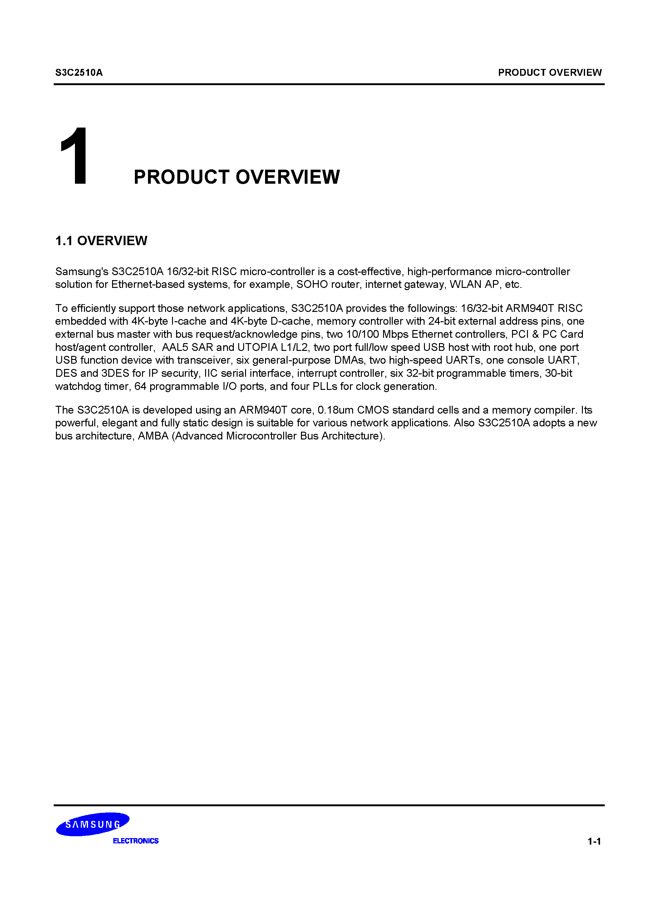 Datasheet S3C2510A - 16/32-bit RISC micro-controller is a cost-effective/ high-performance micro-controller solution for Ethernet-based systems/ for example page 1