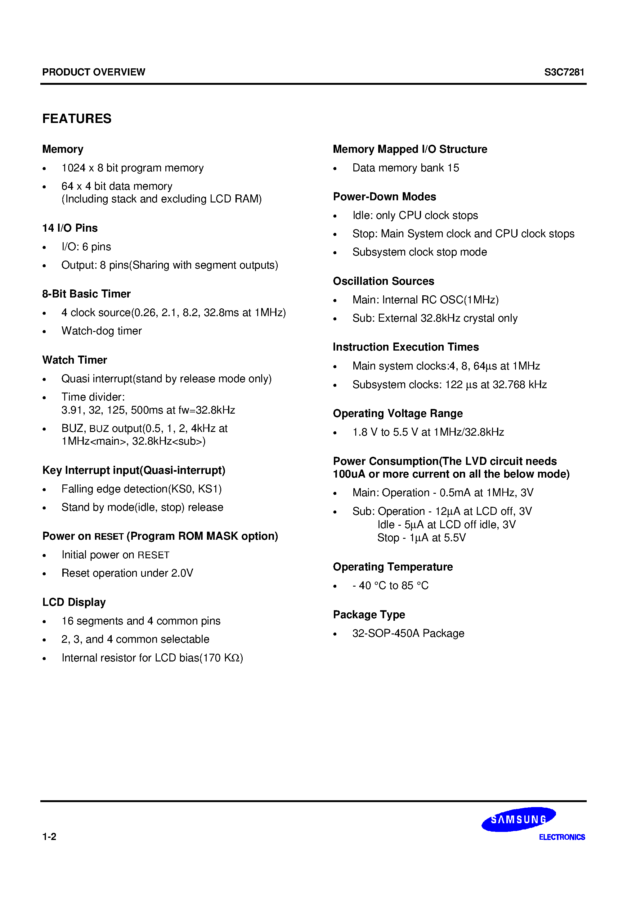 Datasheet S3C7281 - The S3C7281 is a SAM48 core-based 4-bit CMOS single-chip microcontroller. It is built around the SAM48 core CPU and contains ROM/ RAM. page 2