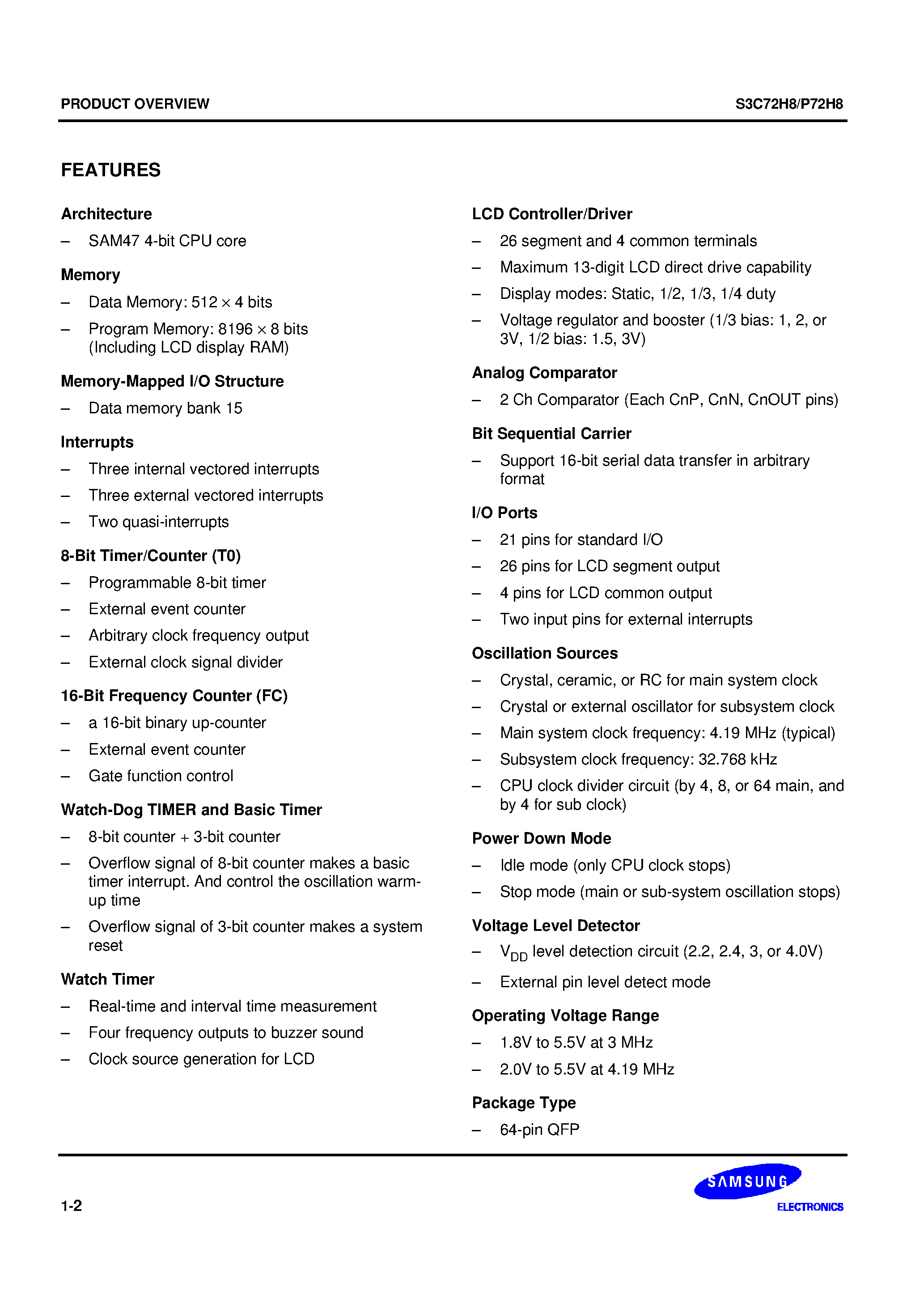 Datasheet S3C72H8 - The S3C72H8 single-chip CMOS microcontroller has been designed for very high performance using Samsungs state-of-the-art 4-bit product development app page 2
