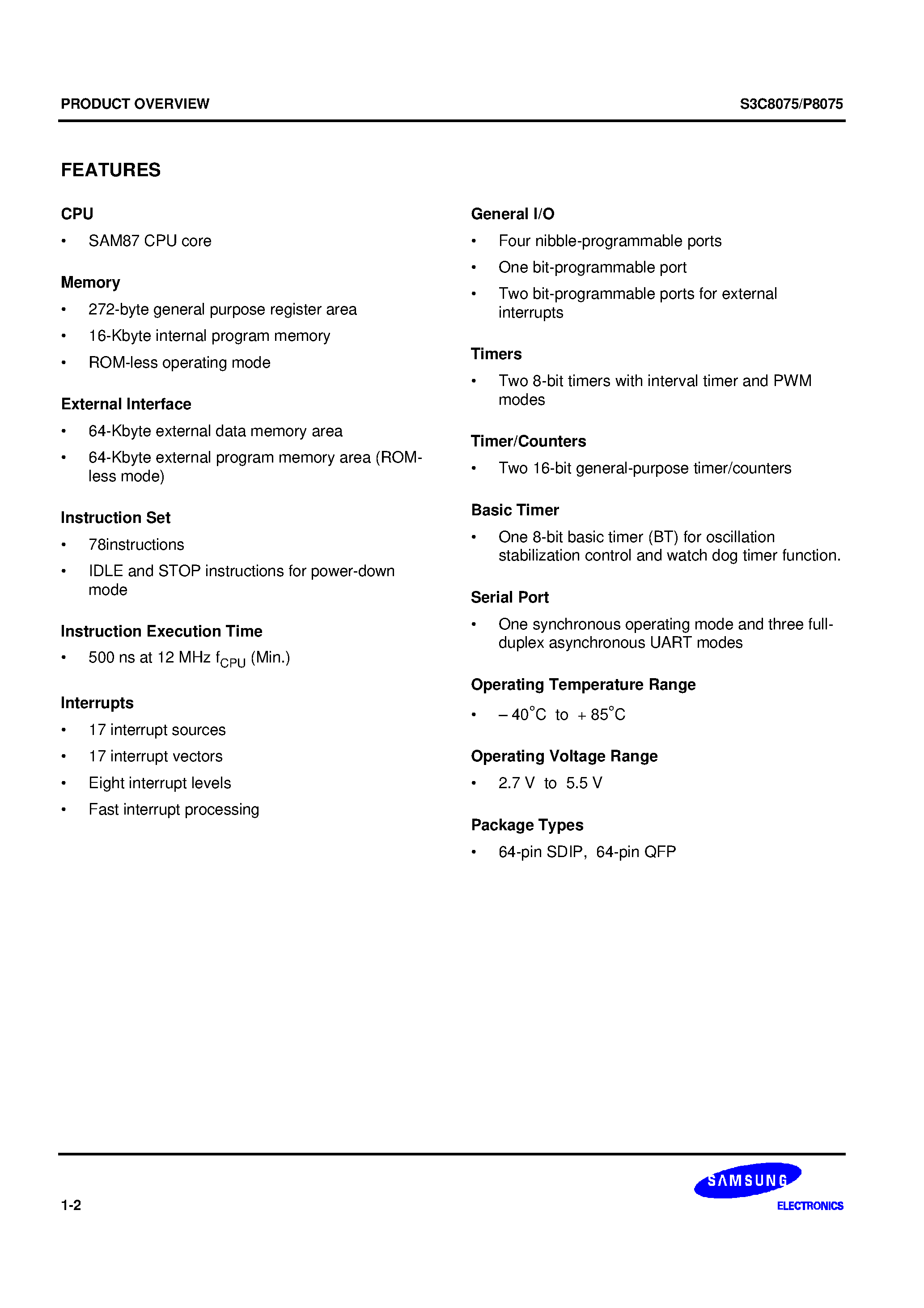 Даташит на микросхему S3C8075 страница 2 Даташит S3C8075 - SAM87 family of 8-bit single-chip CMOS microcontrollers/ 272-byte general purpose register area/ 16-Kbyte internal program memory страница 2