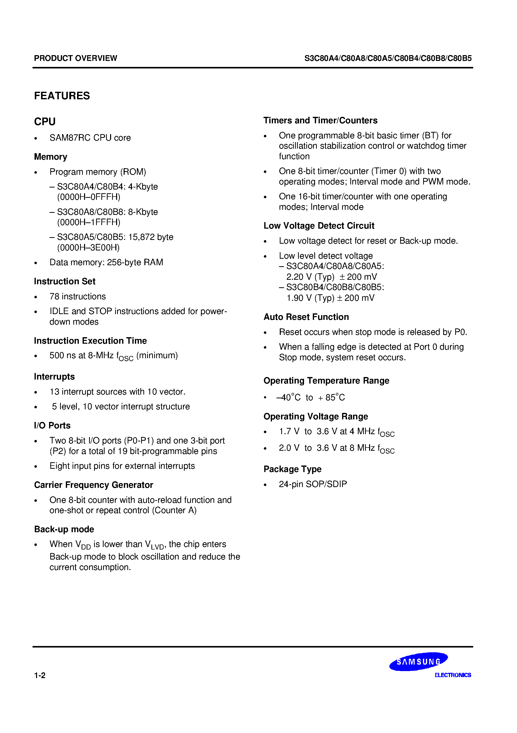 Datasheet S3C80A5 page 2 Datasheet S3C80A5 - S3C8-series of 8-bit single-chip CMOS microcontrollers offers a fast and efficient CPU page 2