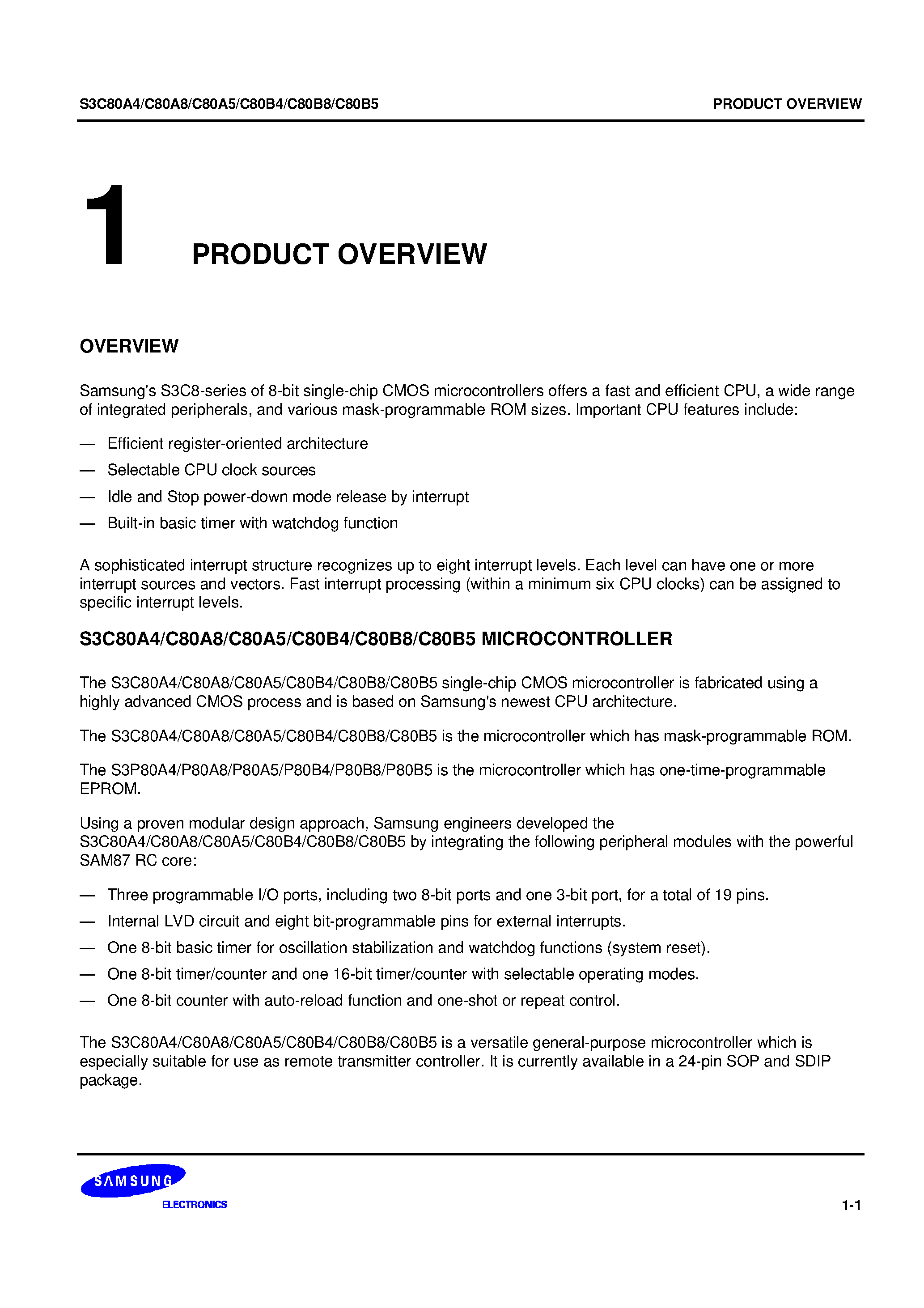 Datasheet S3C80B4 - S3C8-series of 8-bit single-chip CMOS microcontrollers offers a fast and efficient CPU page 1