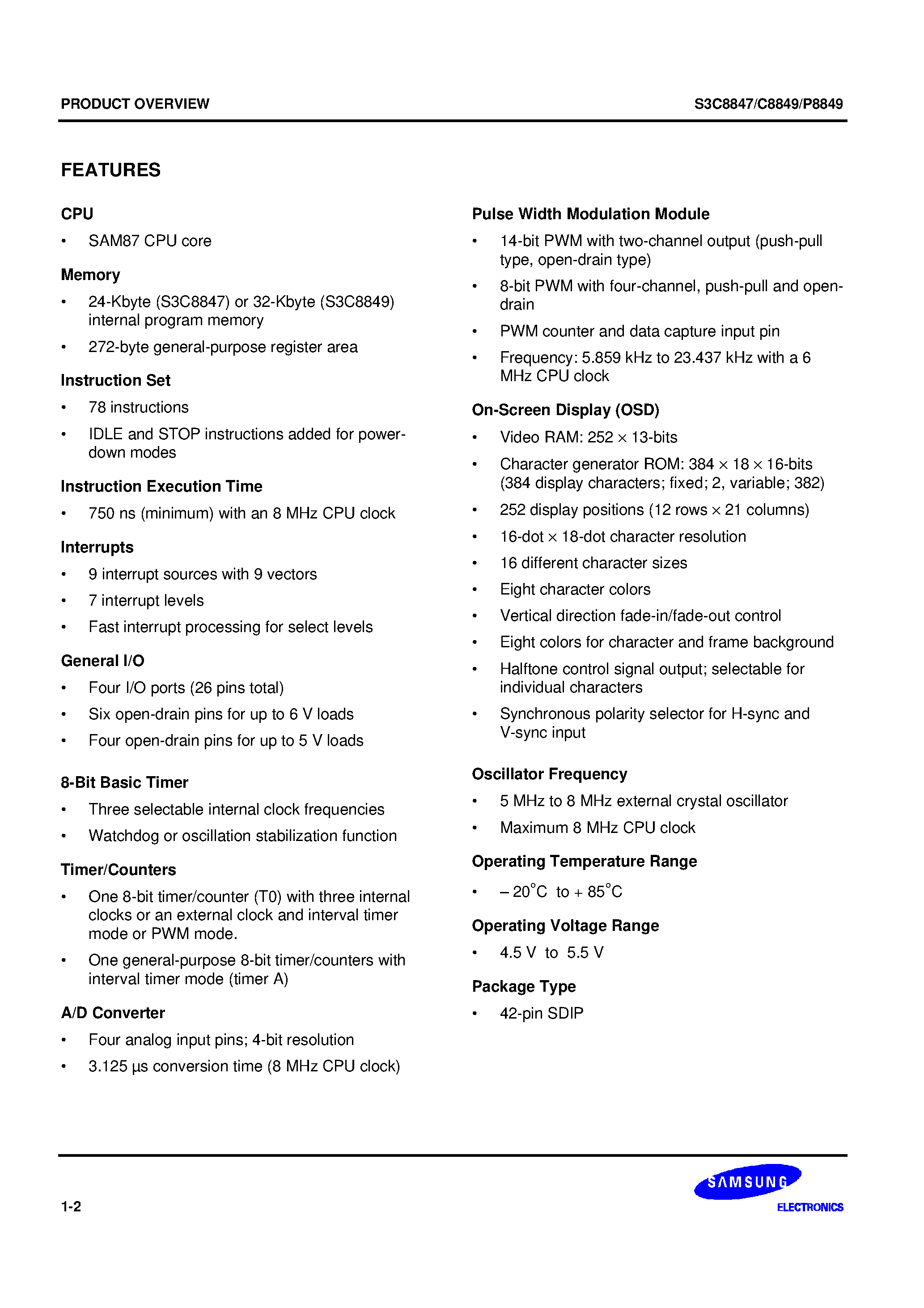 Даташит S3C8849 - SAM87 family of 8-bit single-chip CMOS microcontrollers страница 2
