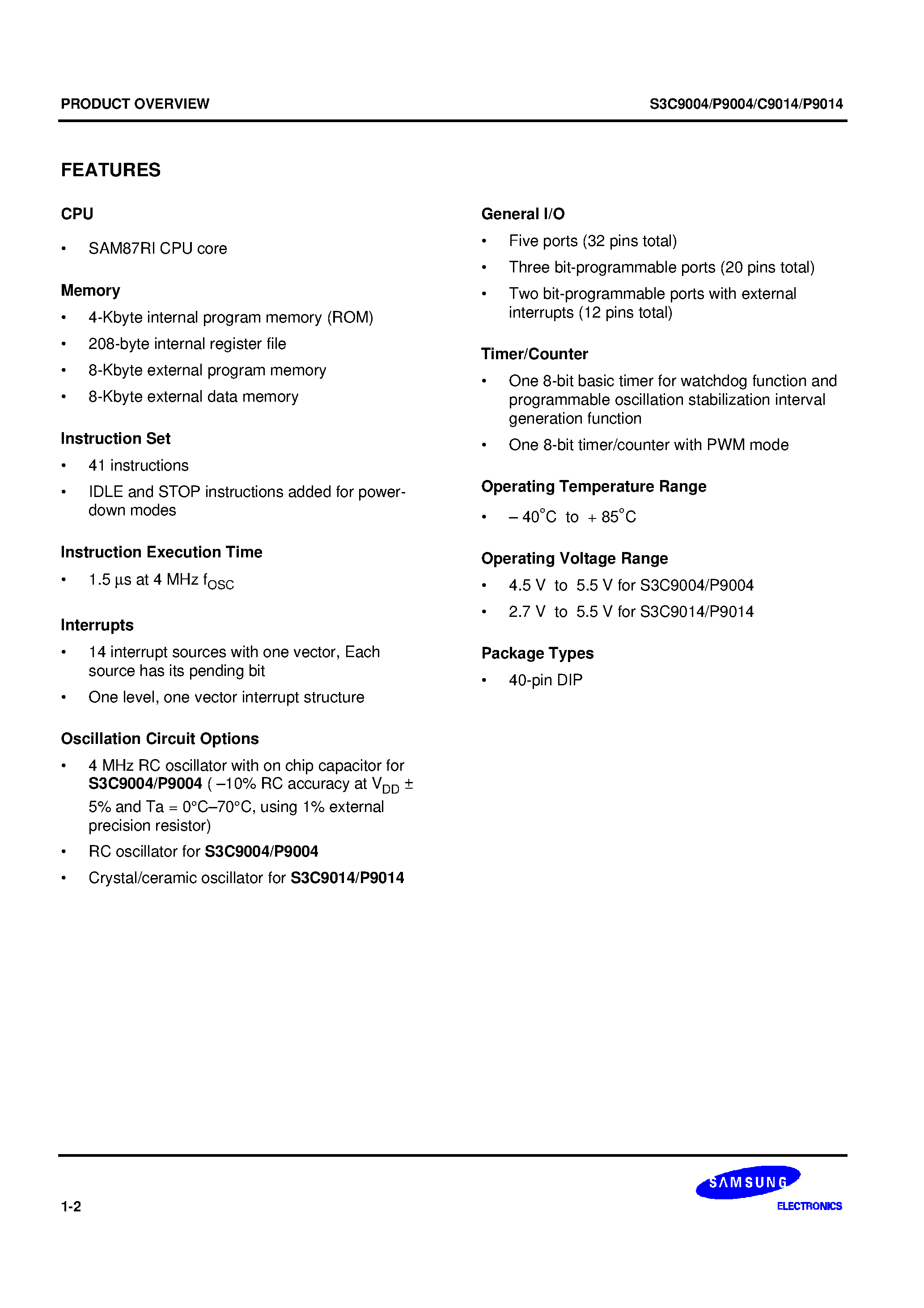 Даташит S3C9014 - SAM87RI family of 8-bit single-chip CMOS microcontrollers страница 2