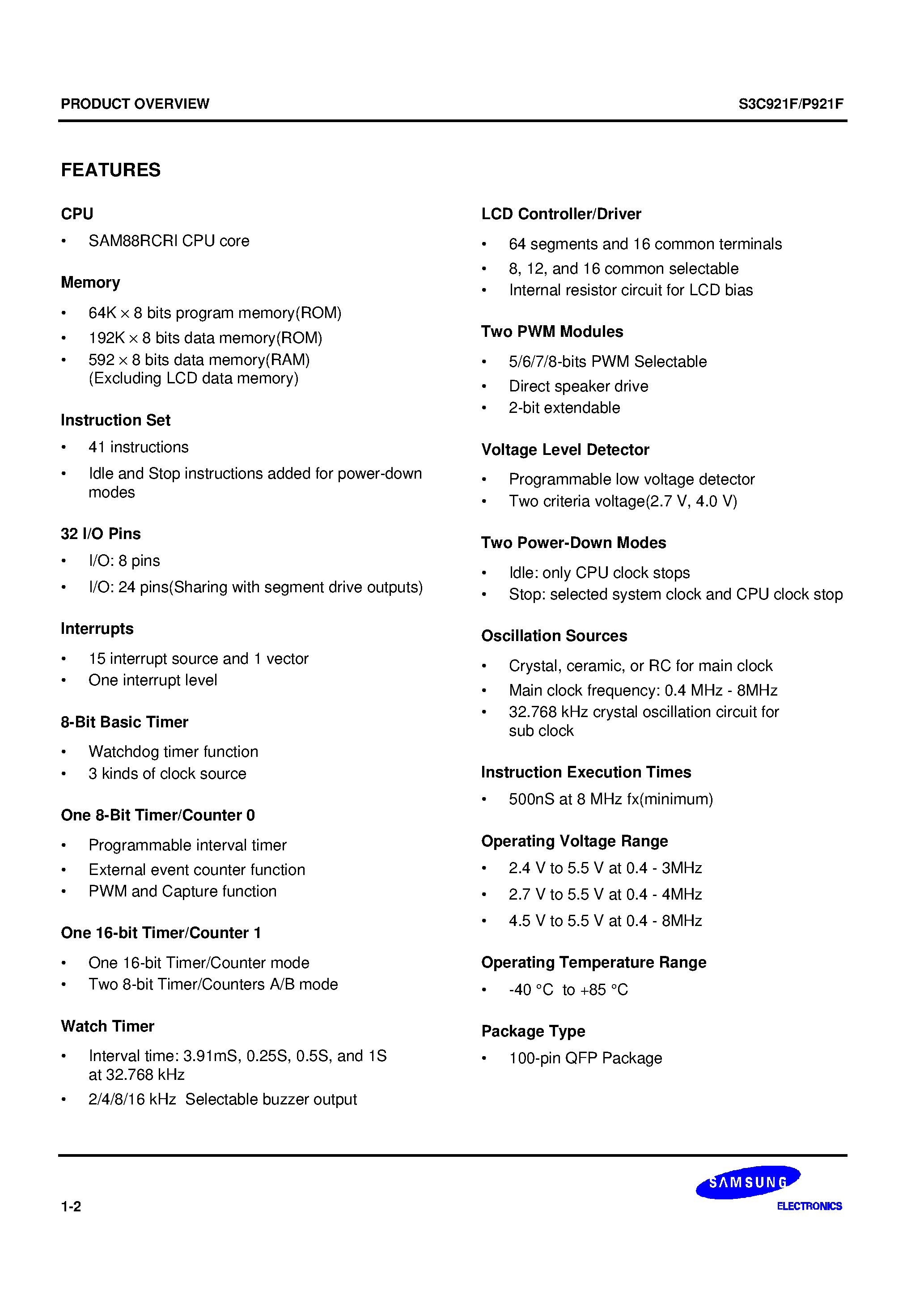 Даташит S3C921F - SAM88RCRI family of 8-bit single-chip CMOS microcontrollers страница 2
