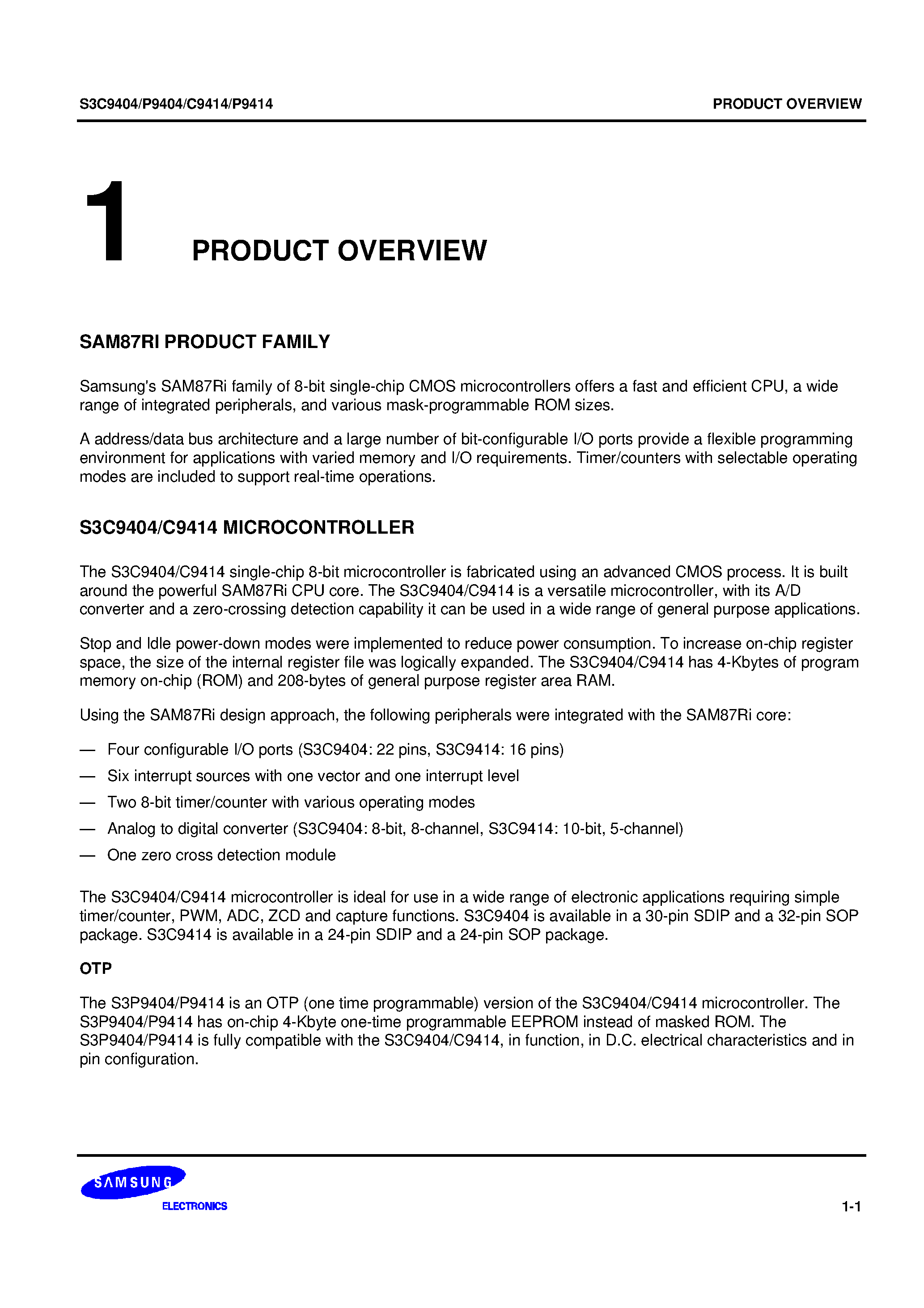 Даташит S3C9404 - SAM87Ri family of 8-bit single-chip CMOS microcontrollers страница 1