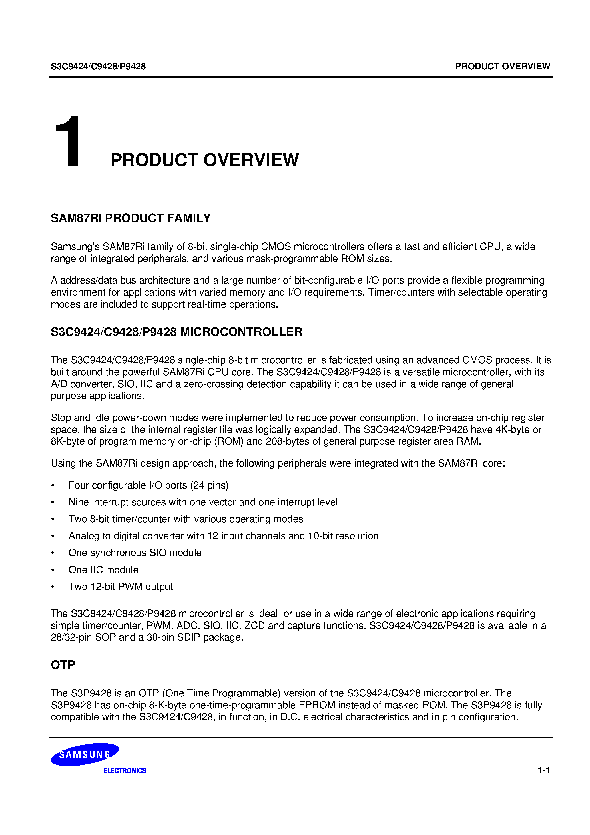 Даташит S3C9424 - SAM87Ri family of 8-bit single-chip CMOS microcontrollers страница 1