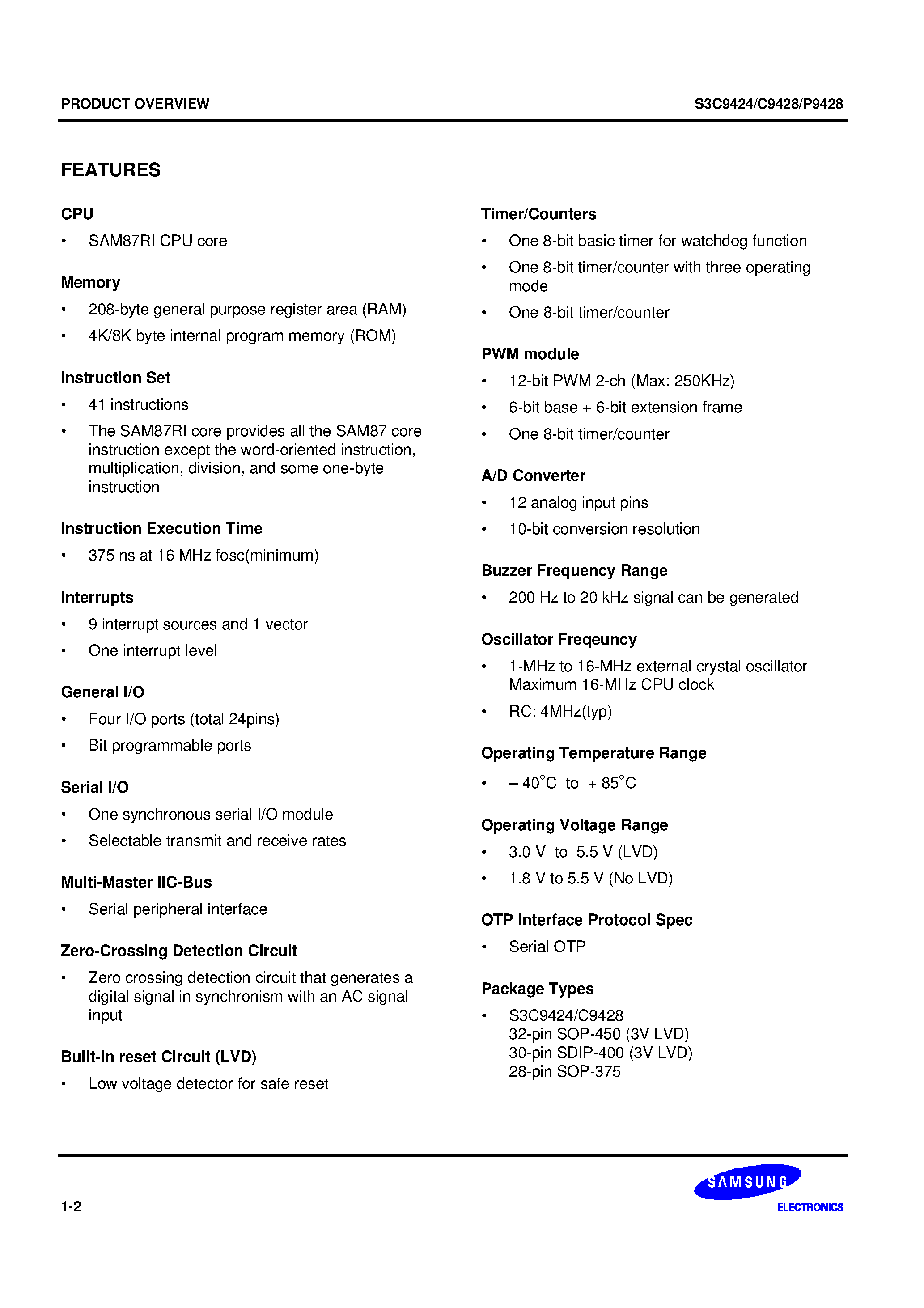 Даташит S3C9428 - SAM87Ri family of 8-bit single-chip CMOS microcontrollers страница 2