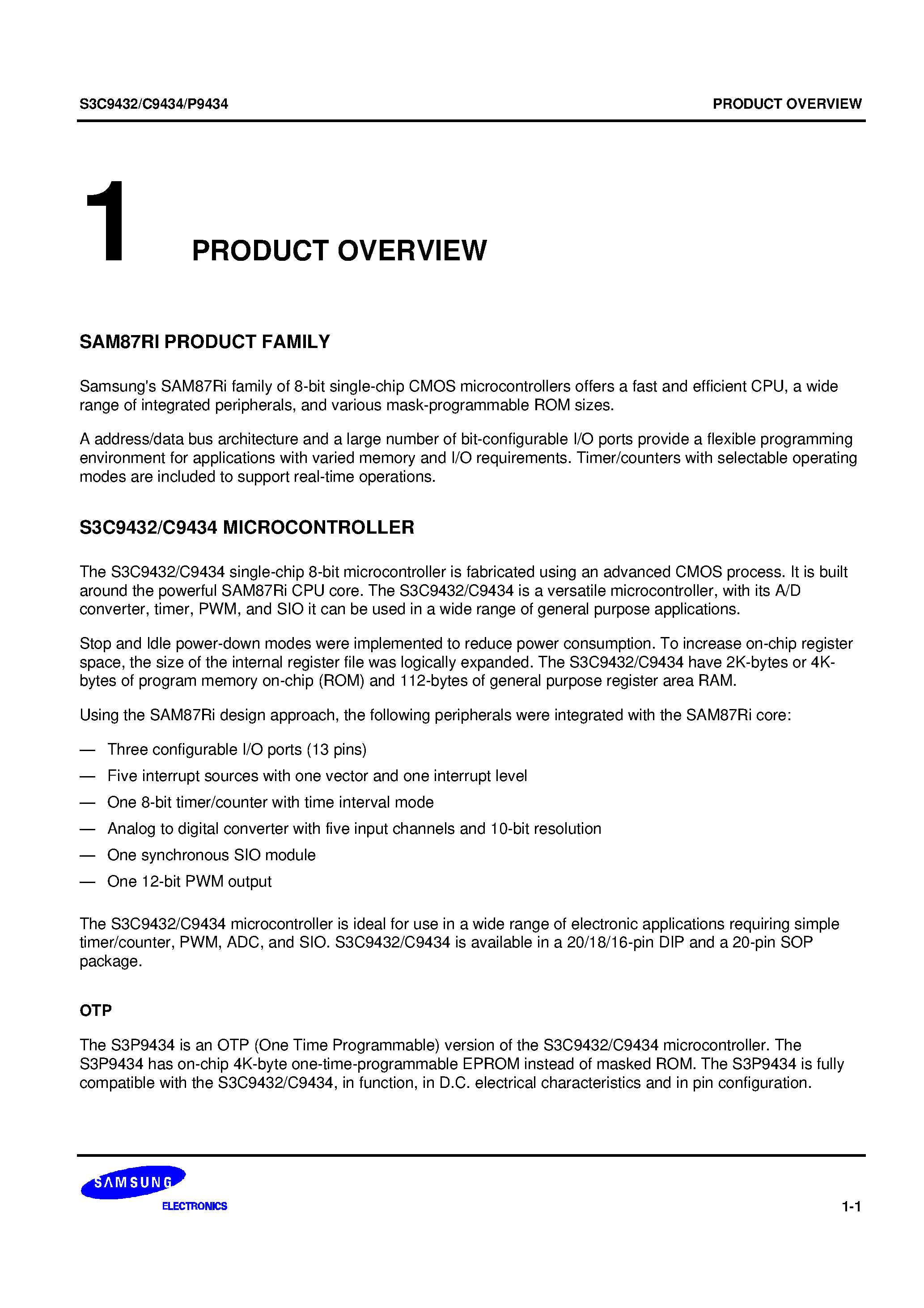 Даташит S3C9434 - SAM87Ri family of 8-bit single-chip CMOS microcontrollers страница 1