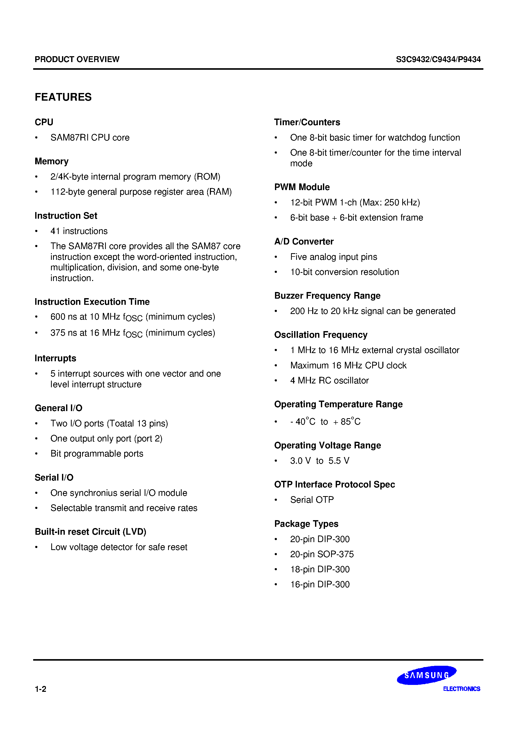 Даташит S3C9434 - SAM87Ri family of 8-bit single-chip CMOS microcontrollers страница 2