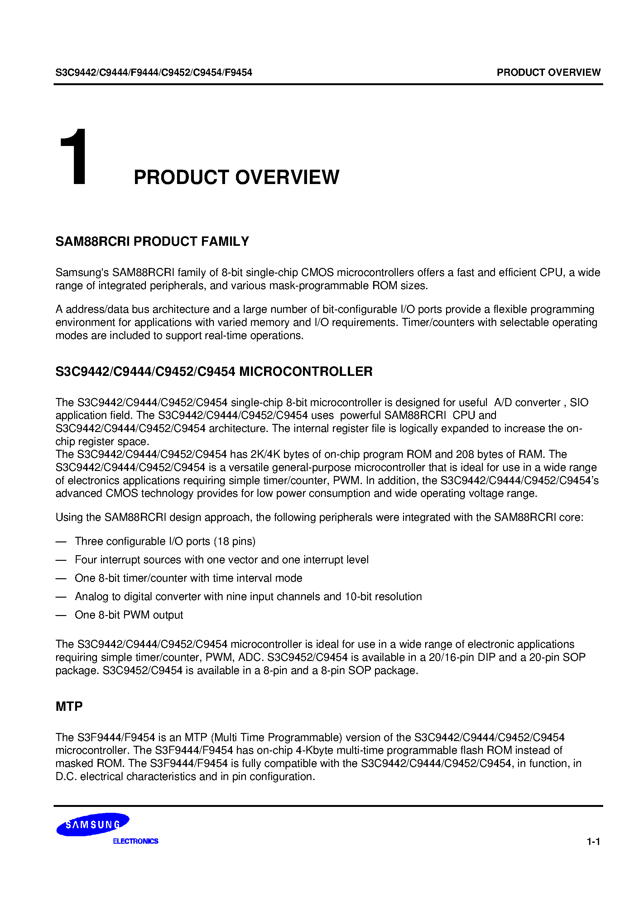 Даташит S3C9454 - SAM88RCRI family of 8-bit single-chip CMOS microcontrollers страница 1