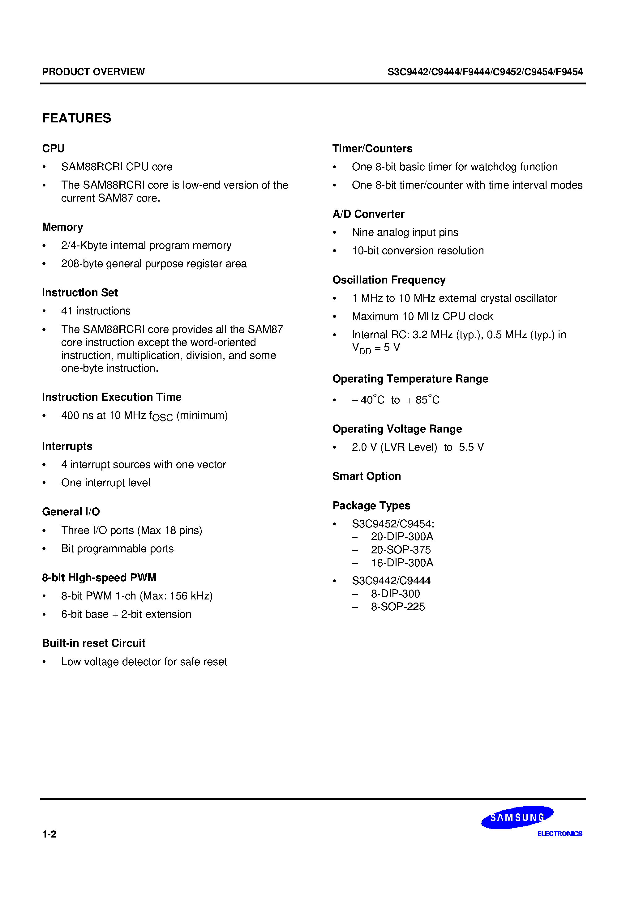 Даташит S3C9454 - SAM88RCRI family of 8-bit single-chip CMOS microcontrollers страница 2