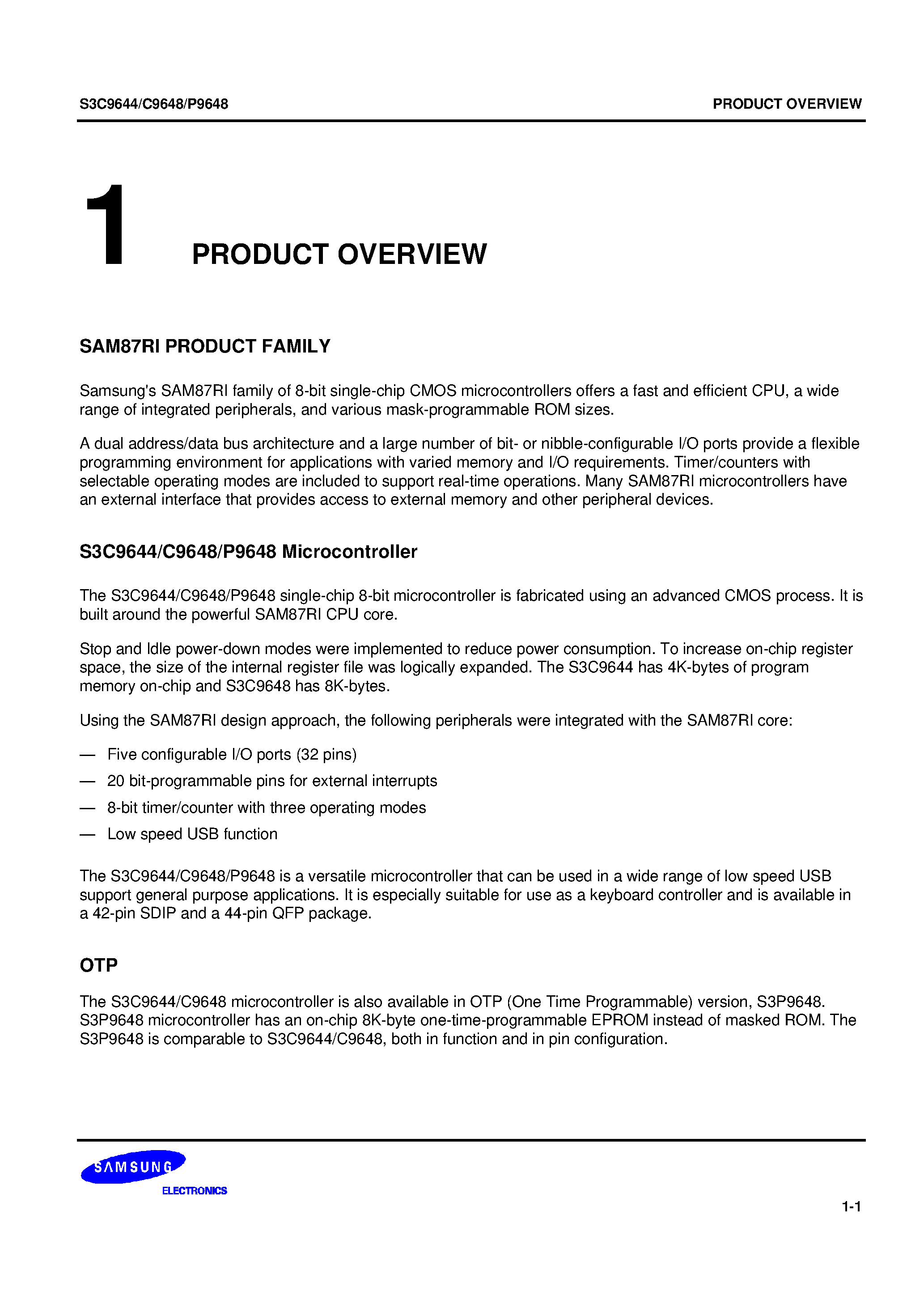 Даташит S3C9648 - SAM87RI family of 8-bit single-chip CMOS microcontrollers страница 1
