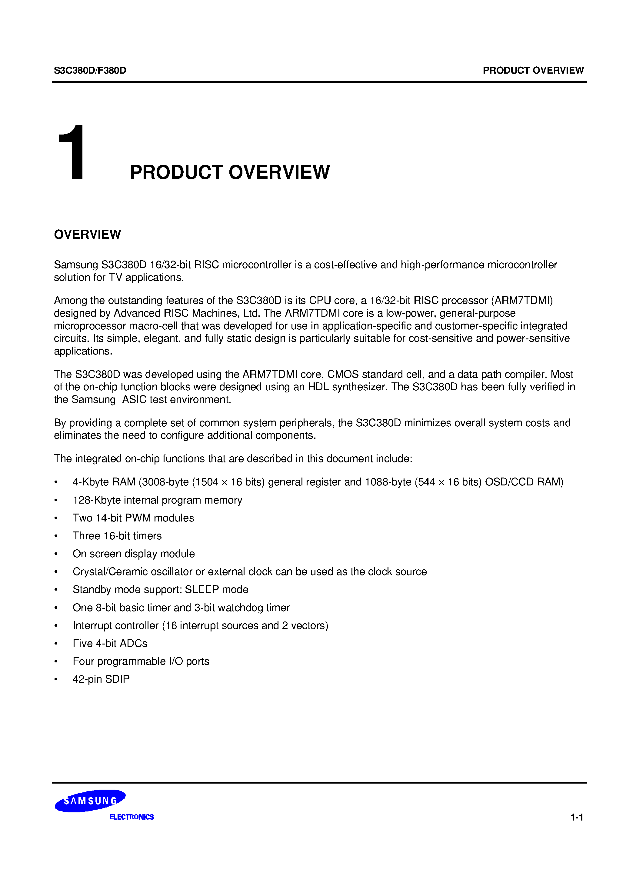 Datasheet S3F380D - Samsung S3C380D 16/32-bit RISC microcontroller is a cost-effective and high-performance microcontroller solution for TV applications. page 1
